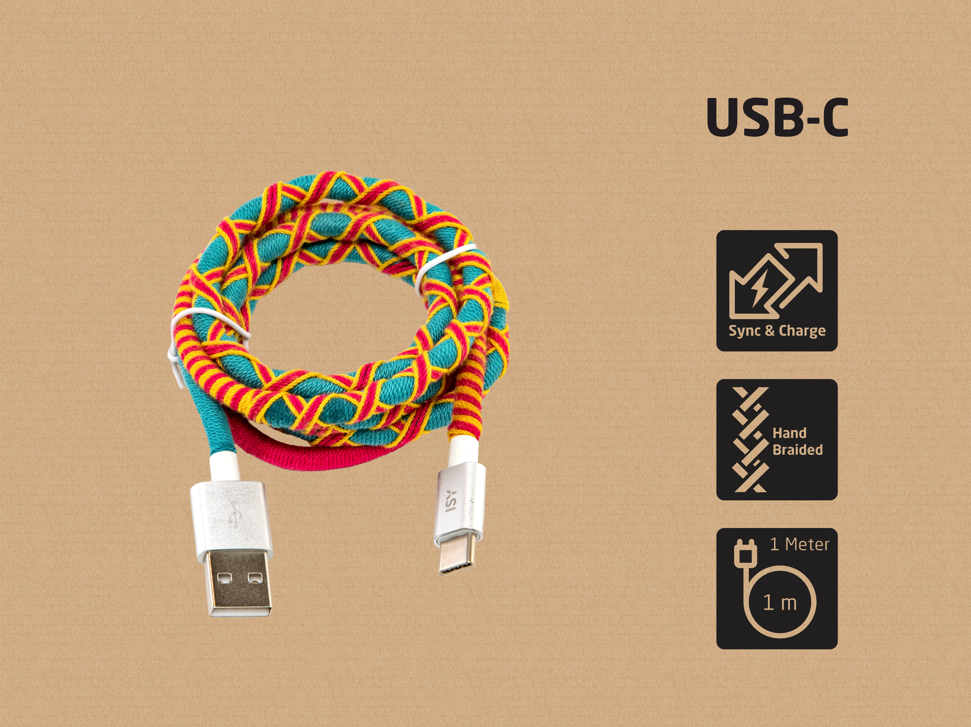 Aufgerolltes USB-A zu USB-C Ladekabel mit bunt geflochtenem Textilmantel vor beigem Hintergrund.