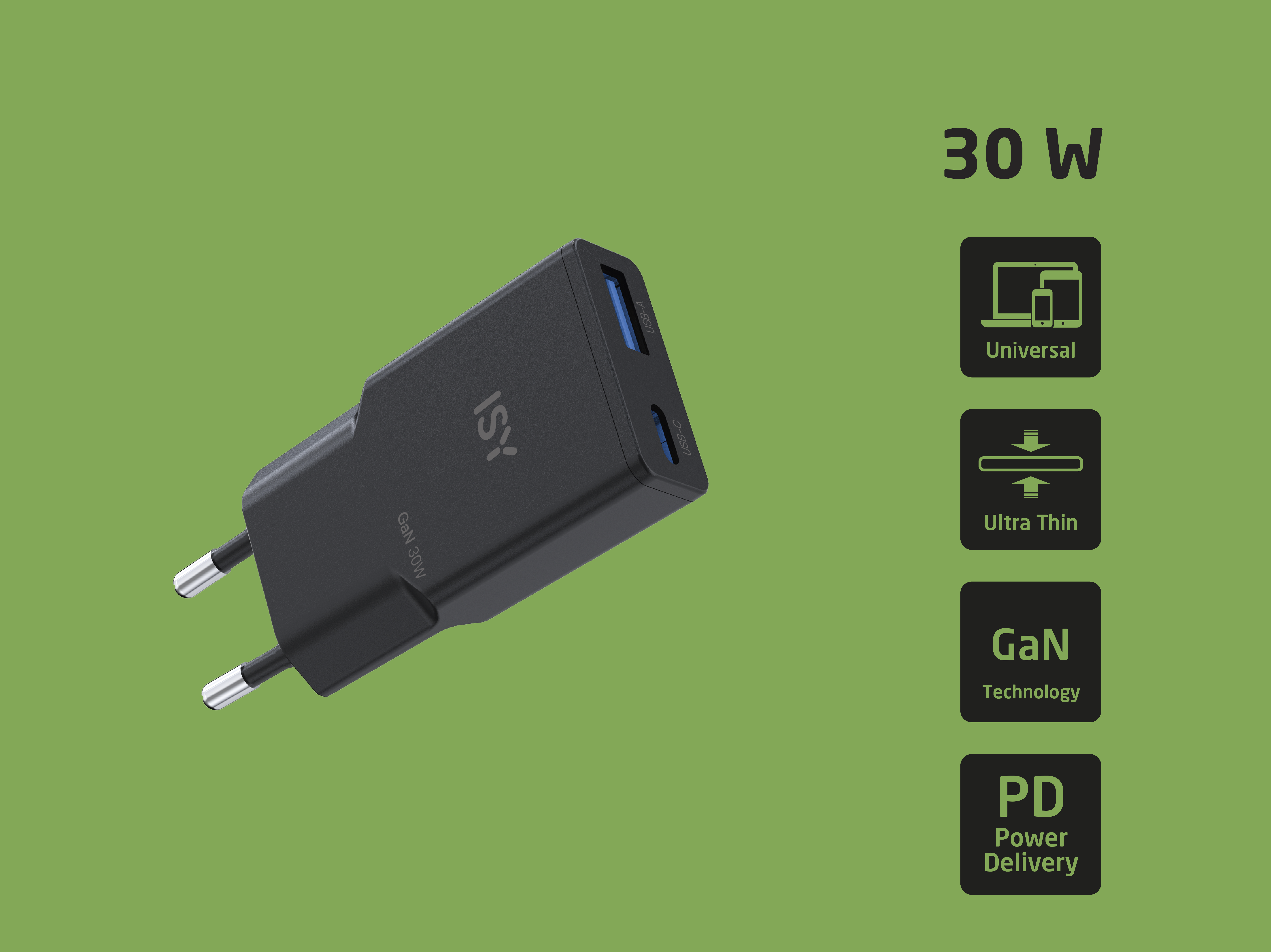Schwarzes 30W USB-Ladegerät mit USB-A- und USB-C-Anschlüssen vor grünem Hintergrund.