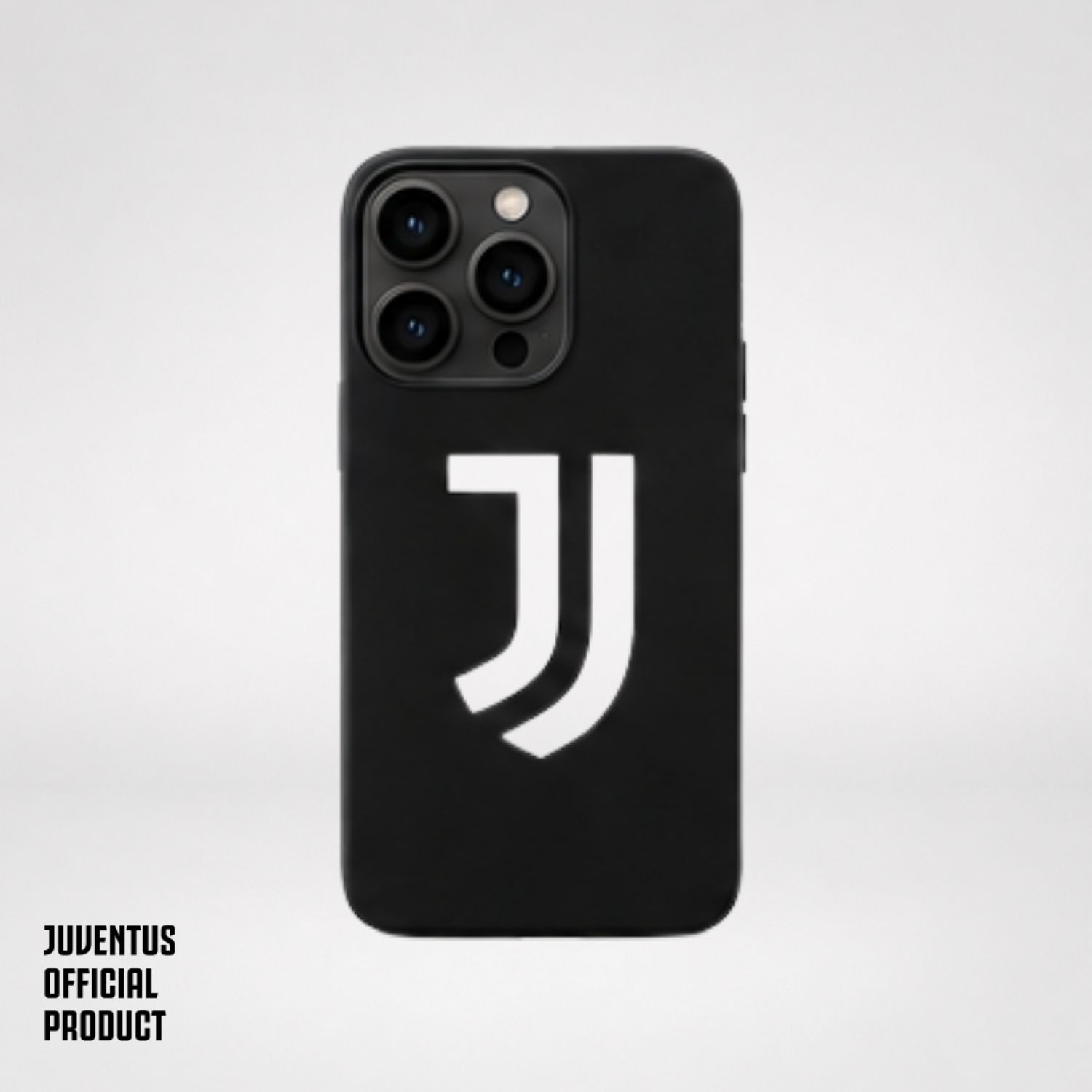 Custodia nera per iPhone con logo Juventus bianco su sfondo bianco.