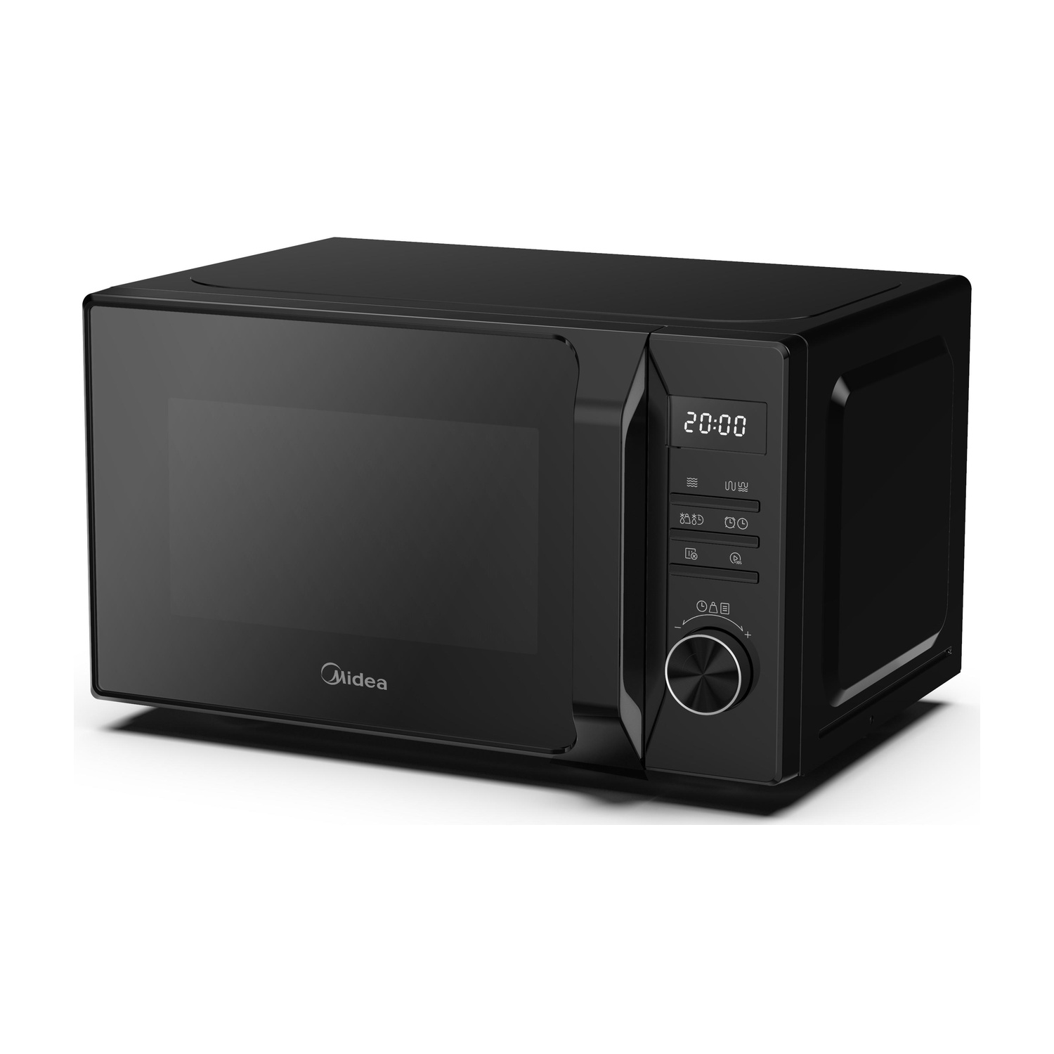 Microonde Midea nero con display digitale e manopola su sfondo bianco.