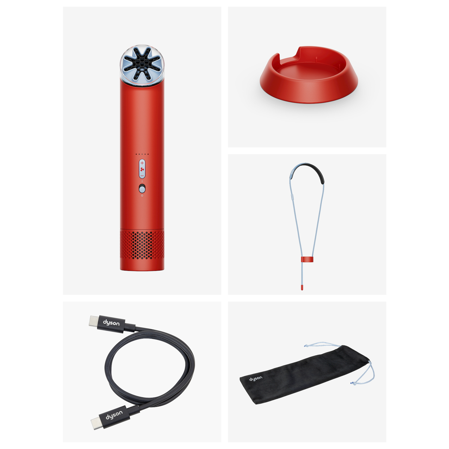 Asciugacapelli rosso, dock rosso, cinturino blu, cavo USB nero e custodia nera su sfondo bianco.