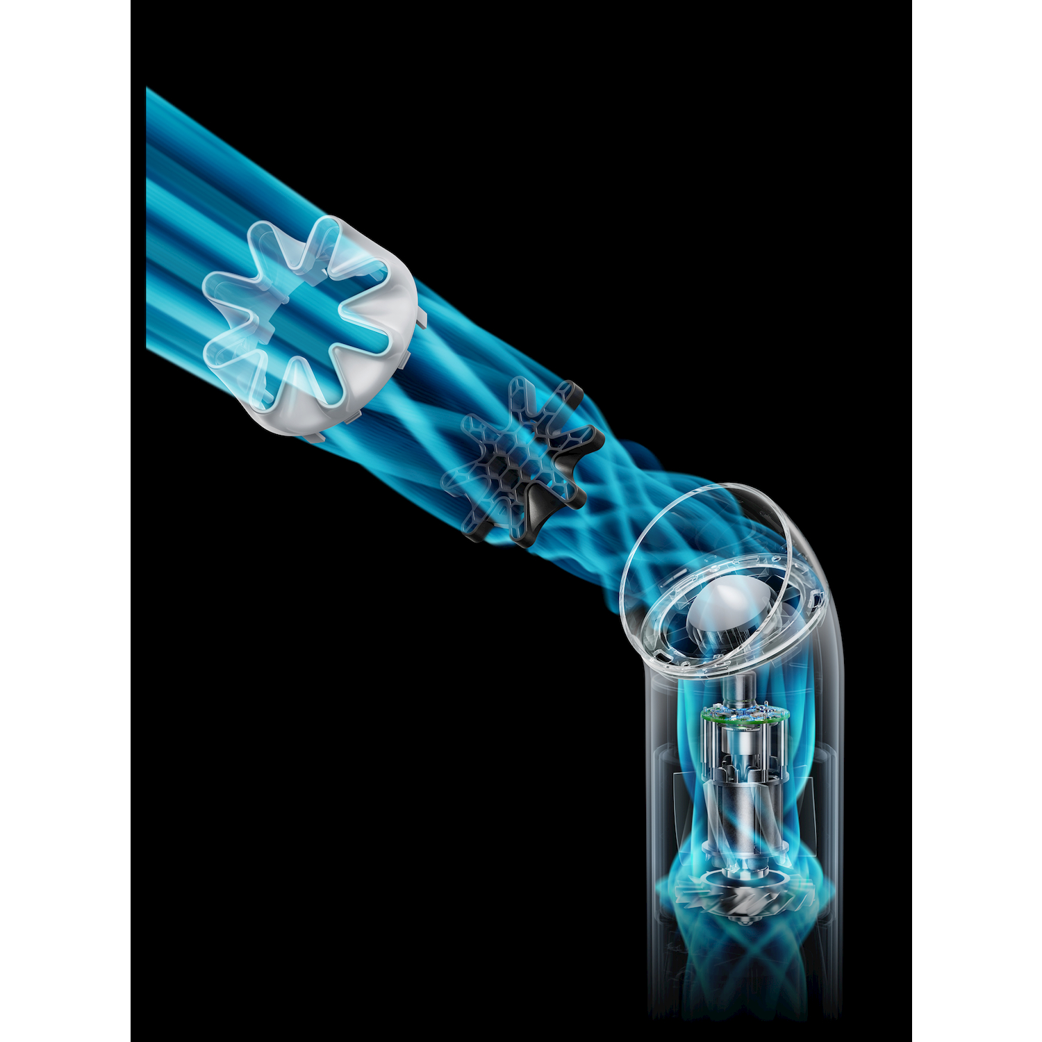 Fasci di luce blu fluiscono attraverso componenti meccanici e di turbine su sfondo nero.