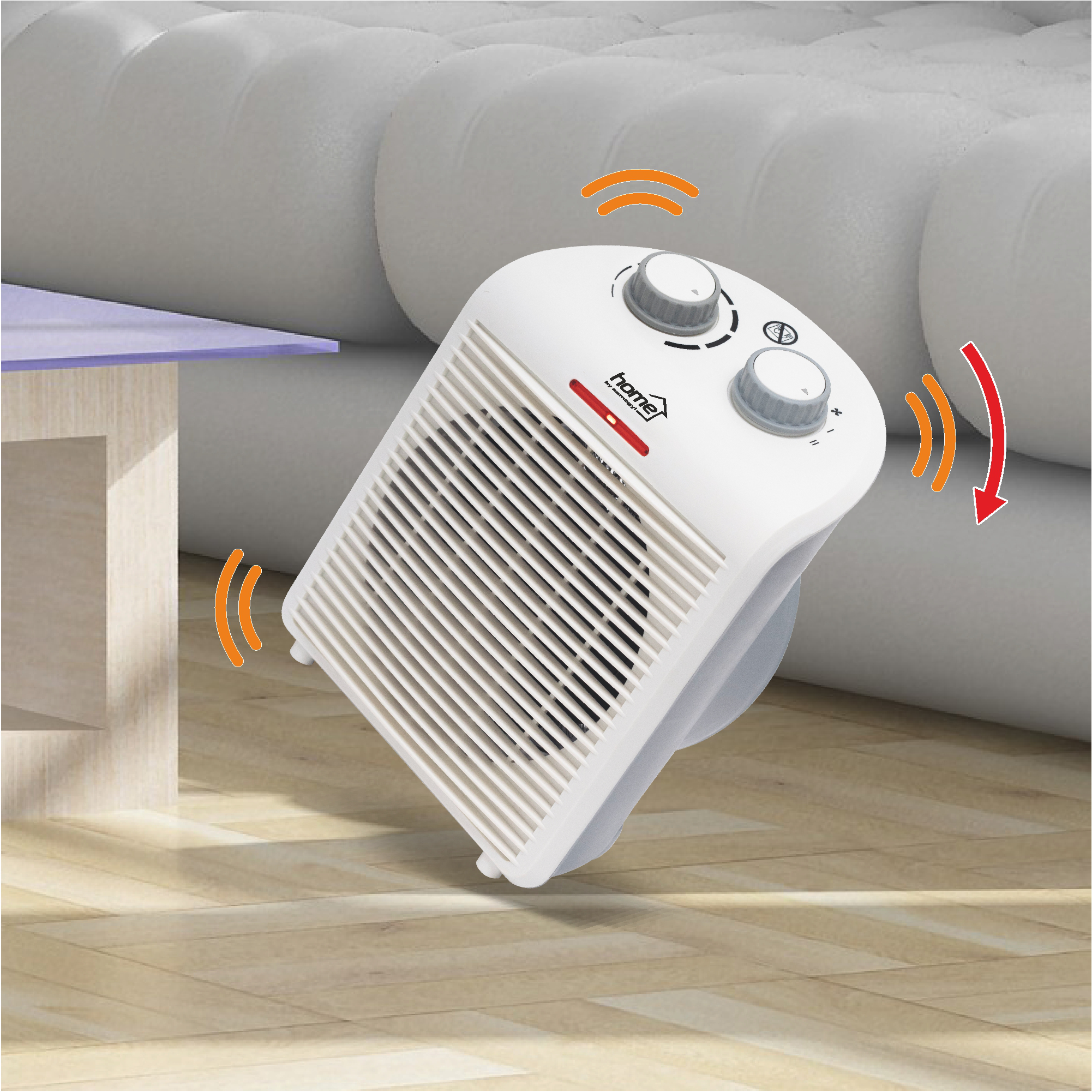 Fehér fűtőventilátor fapadlón egy kanapé előtt, mozgásszimbólumokkal.