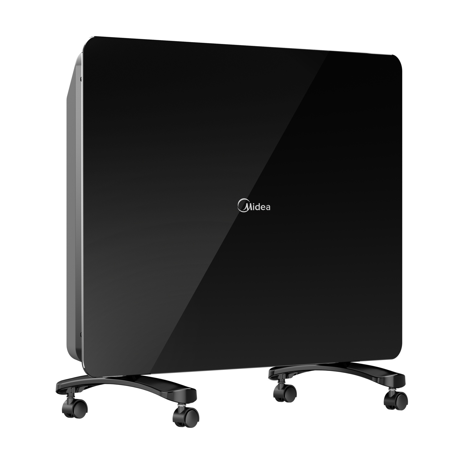 Un termosifone convettore Midea nero con fronte in vetro e quattro piccole rotelle su sfondo bianco.