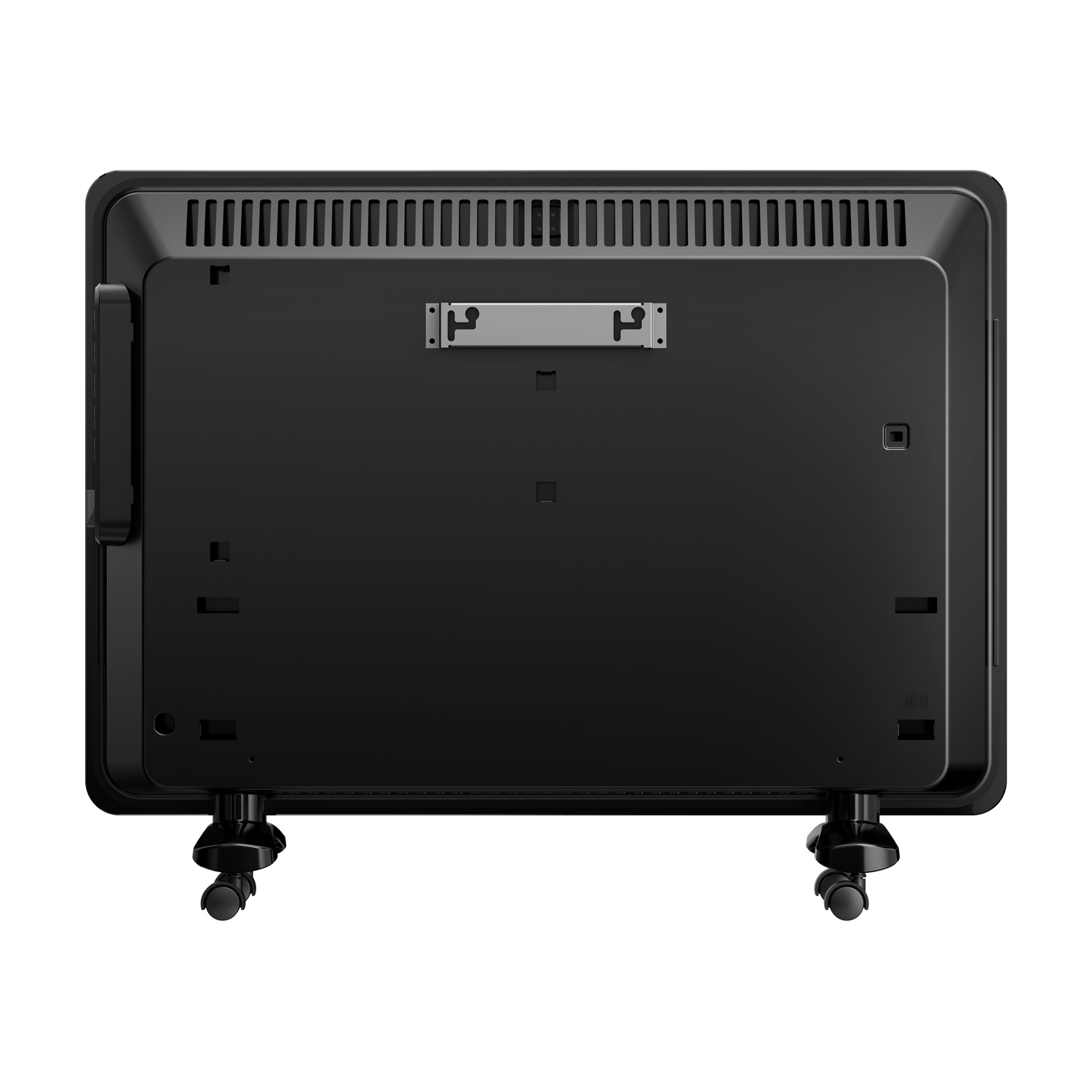 Retro di una stufa elettrica nera su ruote, con fessure di ventilazione e staffa da parete.