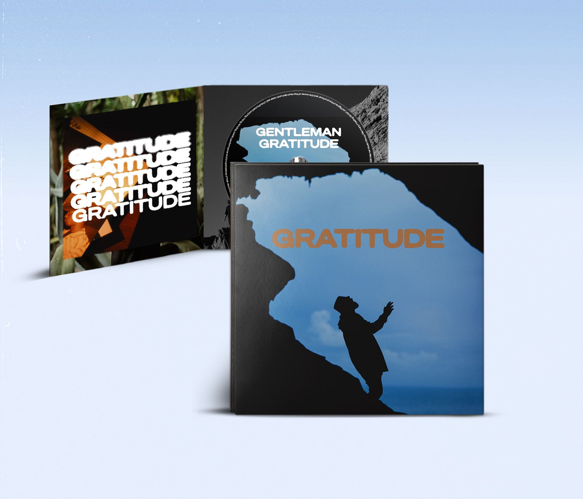 CD-Verpackung von Gentleman Gratitude mit blau-schwarzem Motiv und Silhouette eines Menschen.