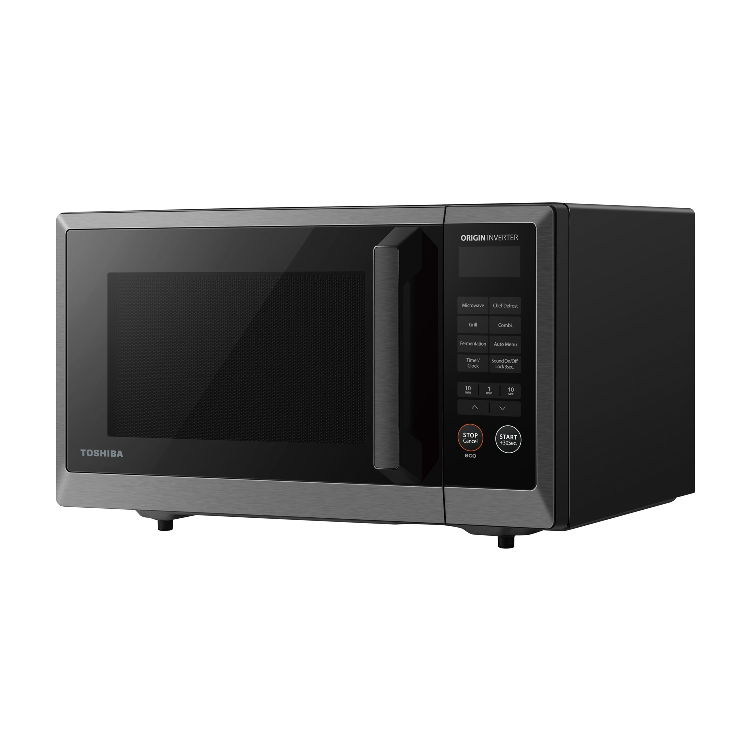 Microonde Toshiba nero con display digitale e pannello di controllo sul lato destro.