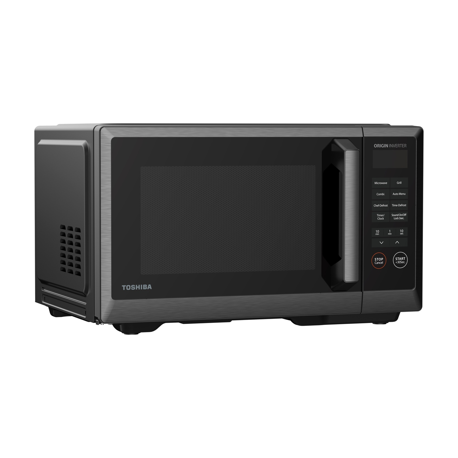 Un forno a microonde Toshiba nero con pannello di controllo digitale e maniglia a destra.
