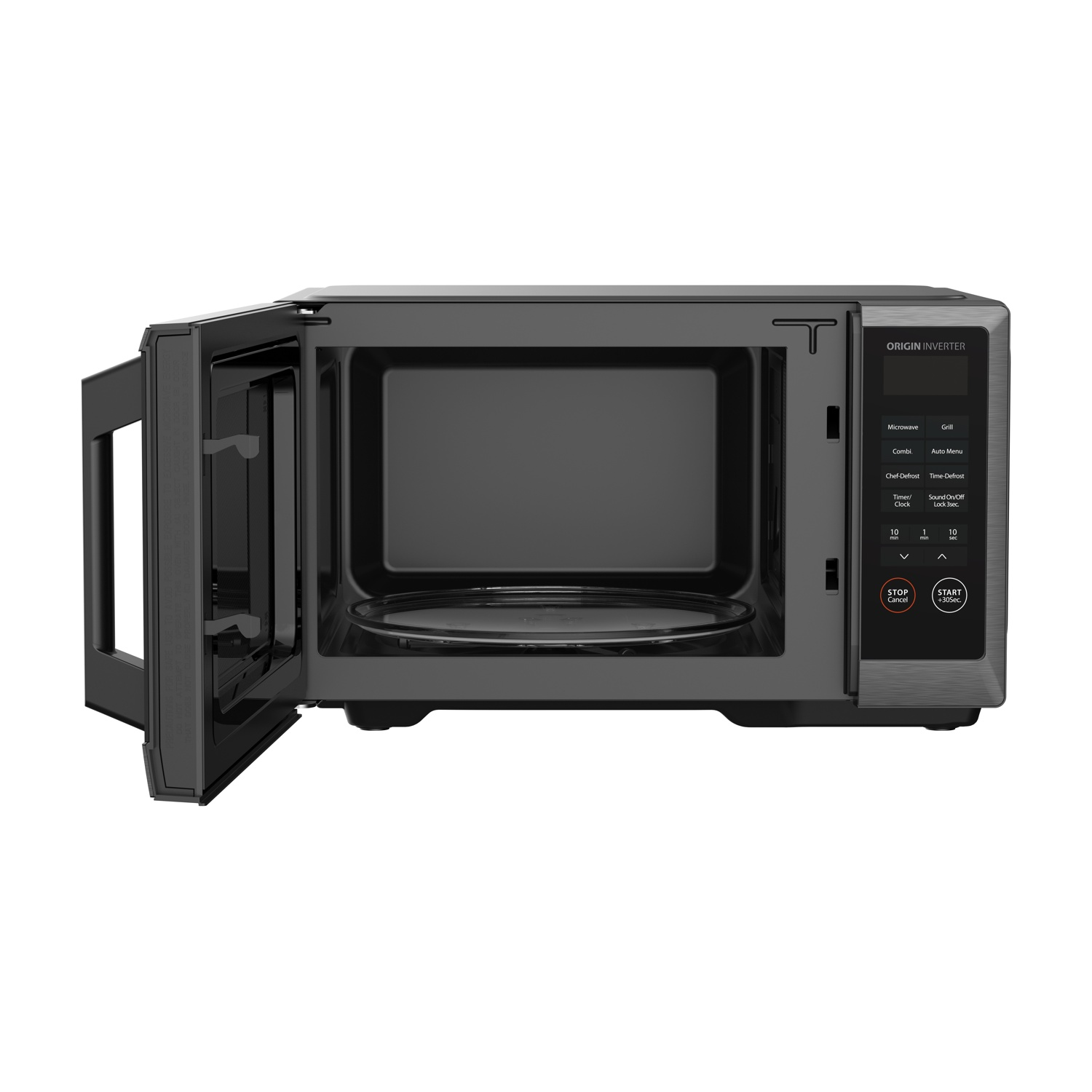 Un forno a microonde nero con la porta aperta, che mostra la cavità interna, il piatto girevole e il pannello.
