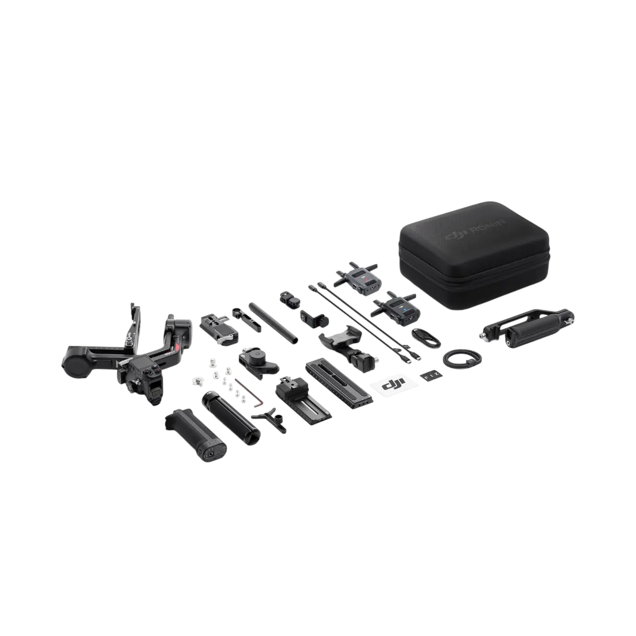 DJI-Kamerastabilisator und Zubehör ordentlich auf schwarzem Hintergrund ausgelegt, mit Tasche.