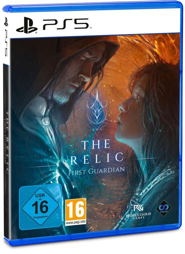 PS5-Spielhülle mit älterem, bärtigem Mann und Frau von Angesicht zu Angesicht vor feurigem, leuchtendem Hintergrund.