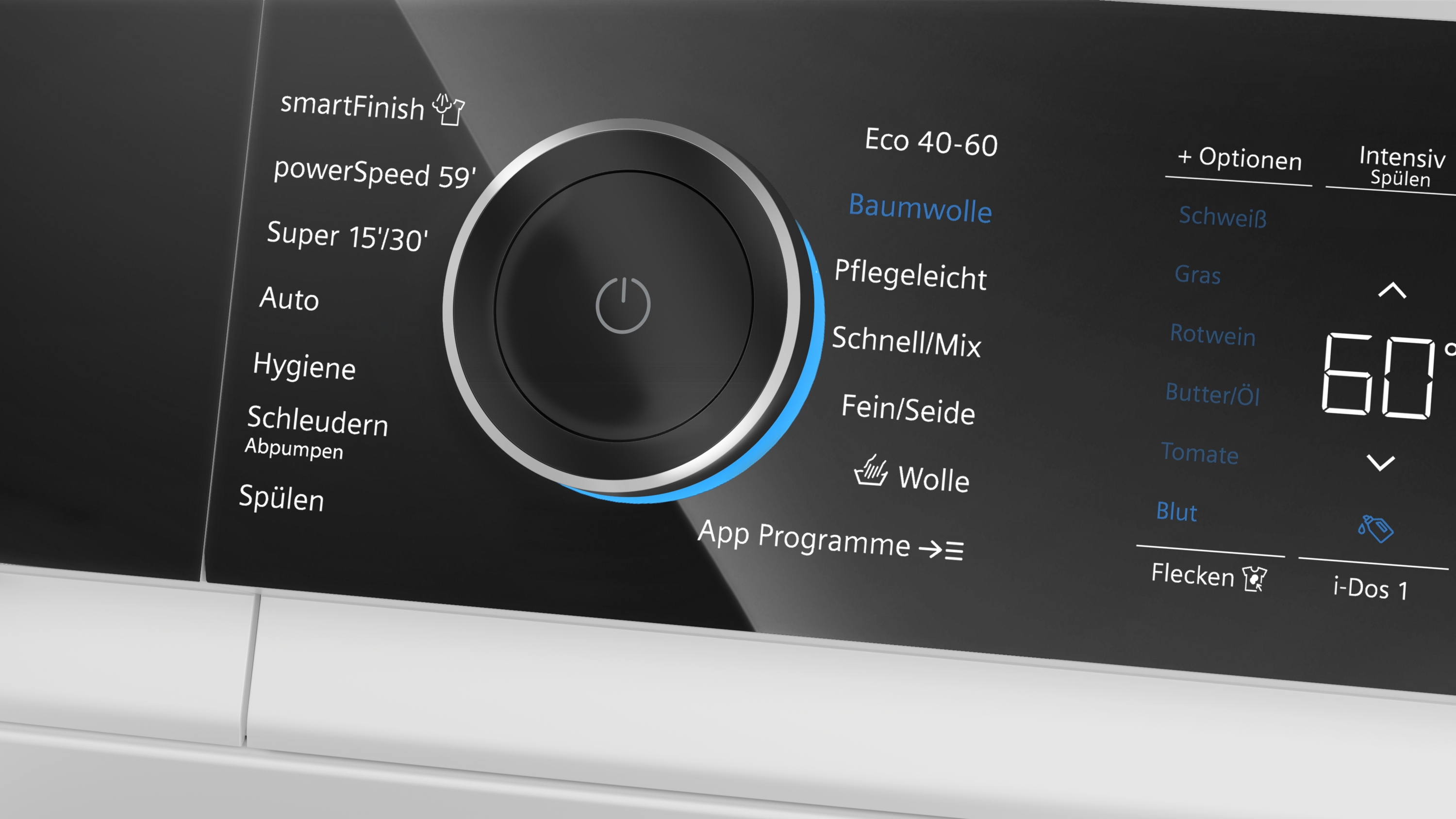 Bedienfeld einer Waschmaschine mit Drehknopf und digitalem Display.