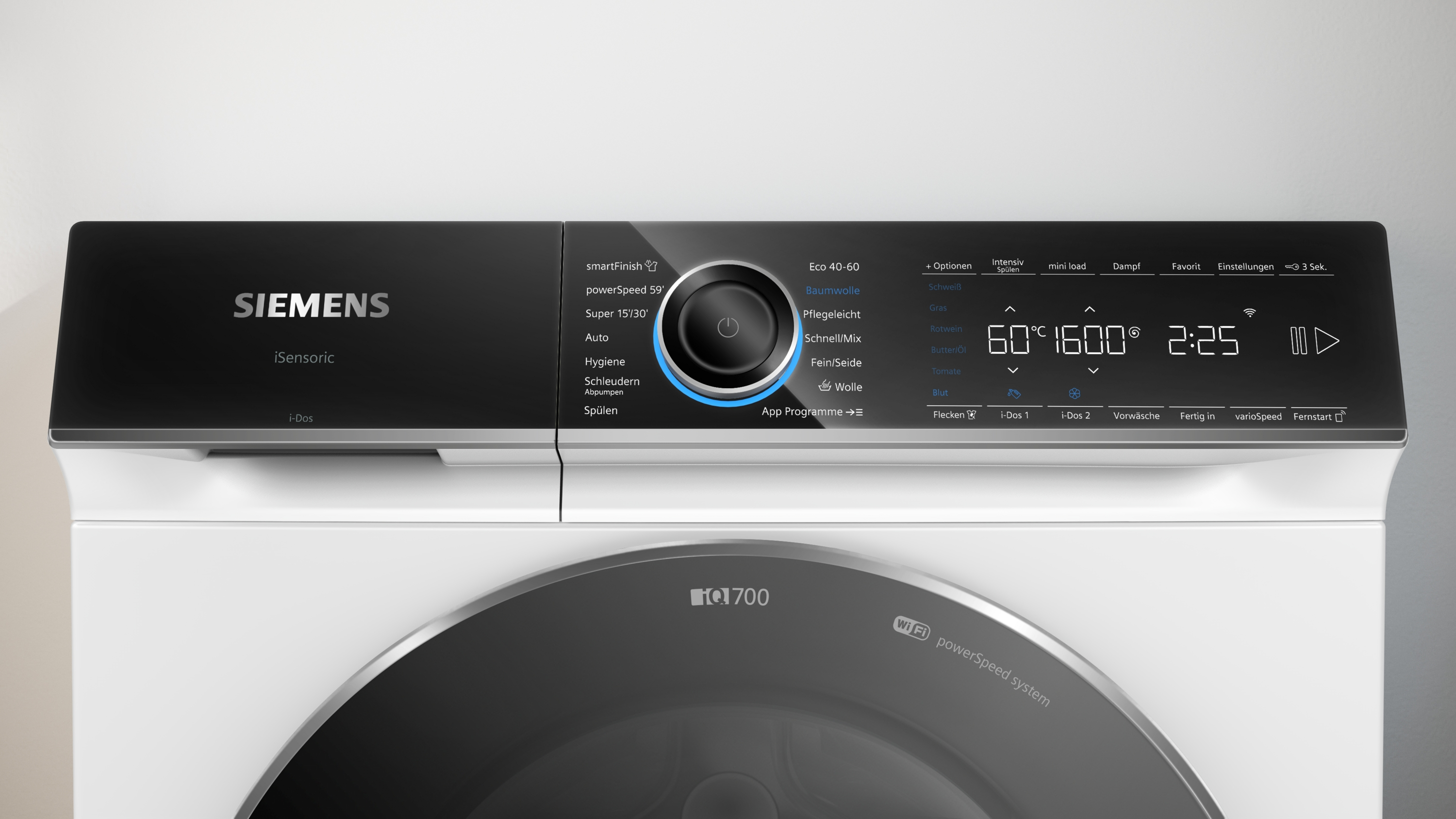 Bedienfeld einer weißen Siemens Waschmaschine mit digitalem Display und Programmwähler.