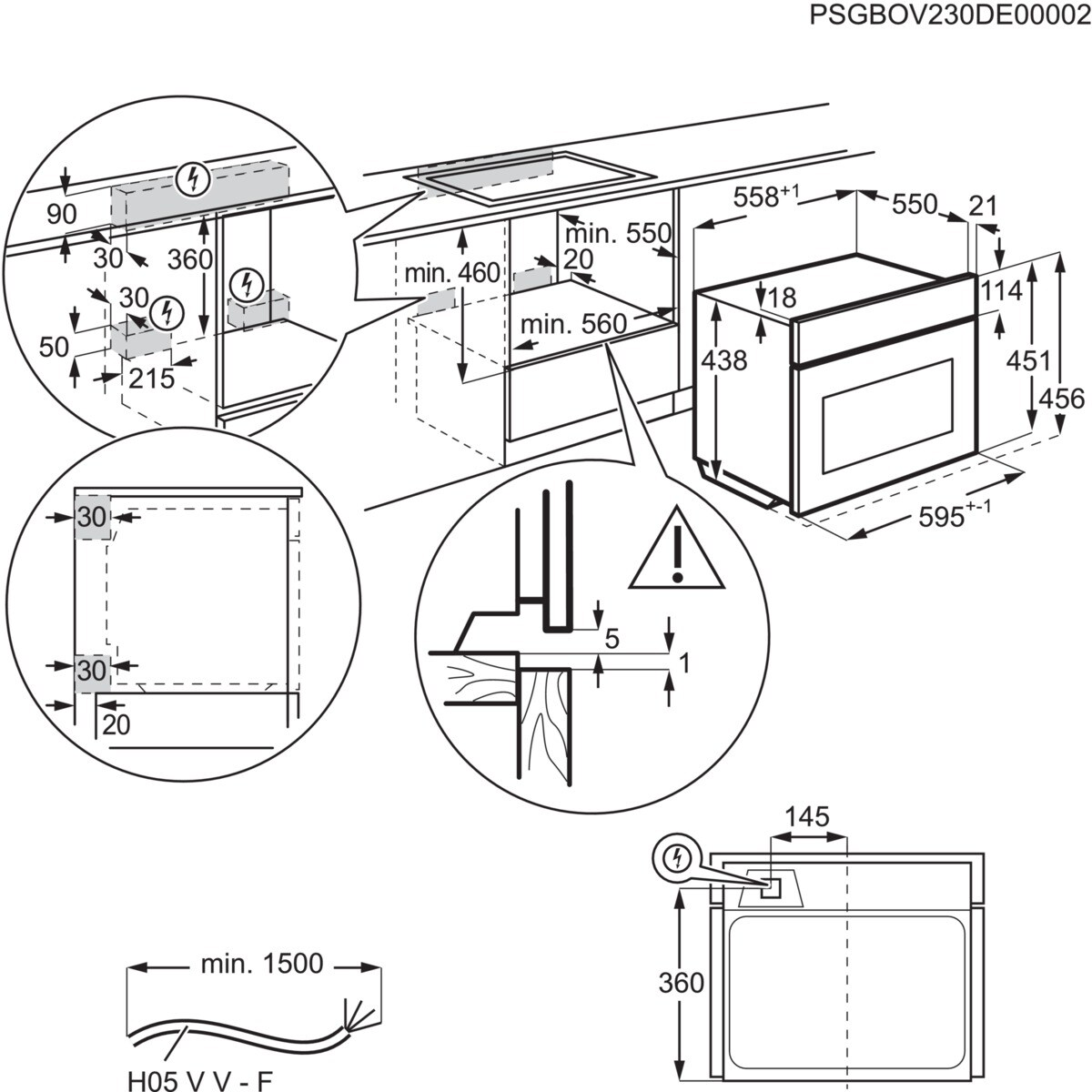 Dibujo técnico que muestra las dimensiones de instalación de un horno empotrado.