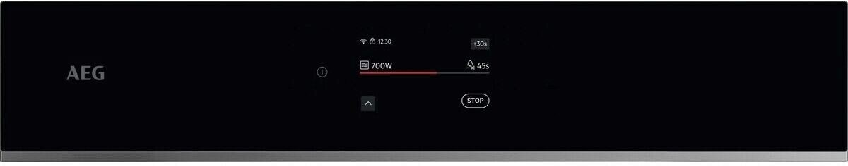 Panel de control digital negro de un horno AEG que muestra 700W, temporizador y botón de parada.