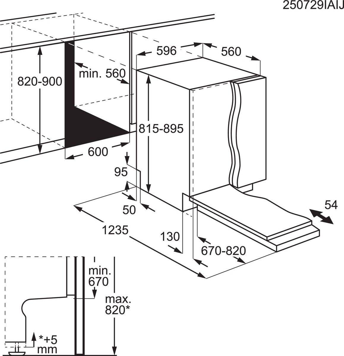 Plano de dimensiones técnicas de un lavavajillas empotrable con todas las medidas de instalación.