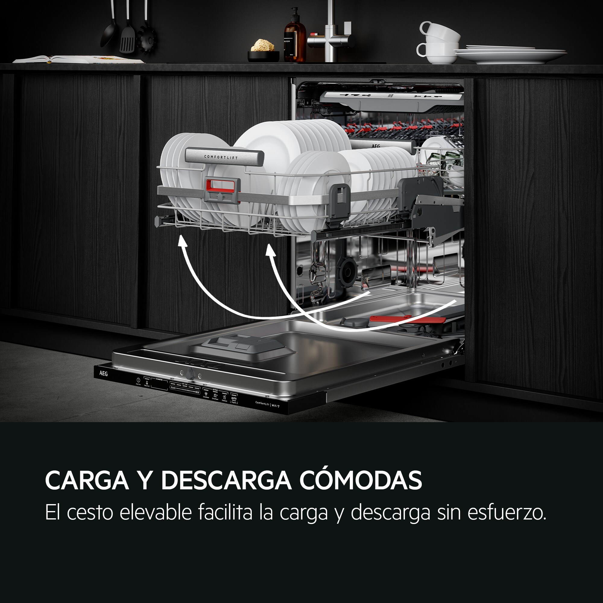 Un lavavajillas negro abierto con una cesta superior elevada llena de platos blancos en una cocina moderna.