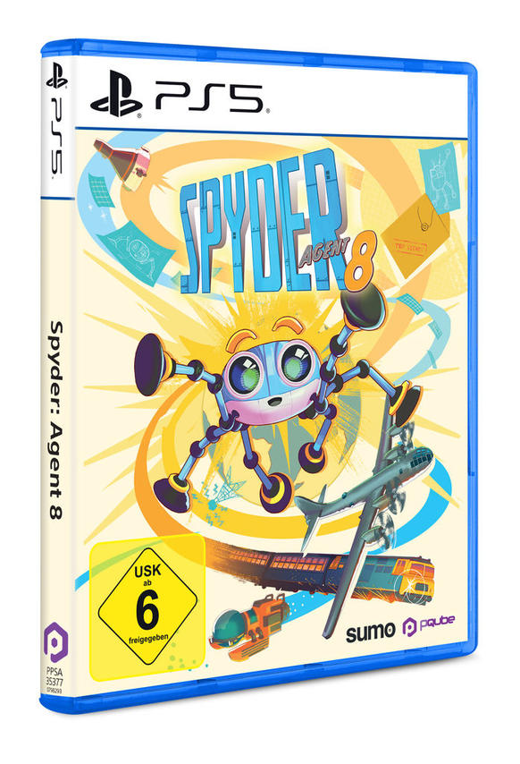 PS5-Spielhülle Spyder: Agent 8 mit einer Cartoon-Spinne, Flugzeug und Zug vor gelbem Hintergrund.