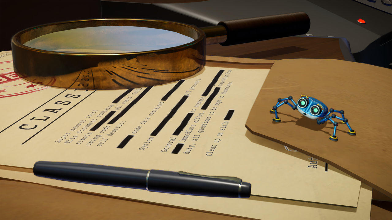 Eine Lupe, ein Stift und ein kleiner blauer Spinnenroboter liegen auf einem geheimen Dokument.