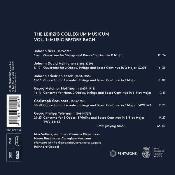 Rückseite einer Musik-CD mit Trackliste für The Leipzig Collegium Musicum auf dunklem Hintergrund.