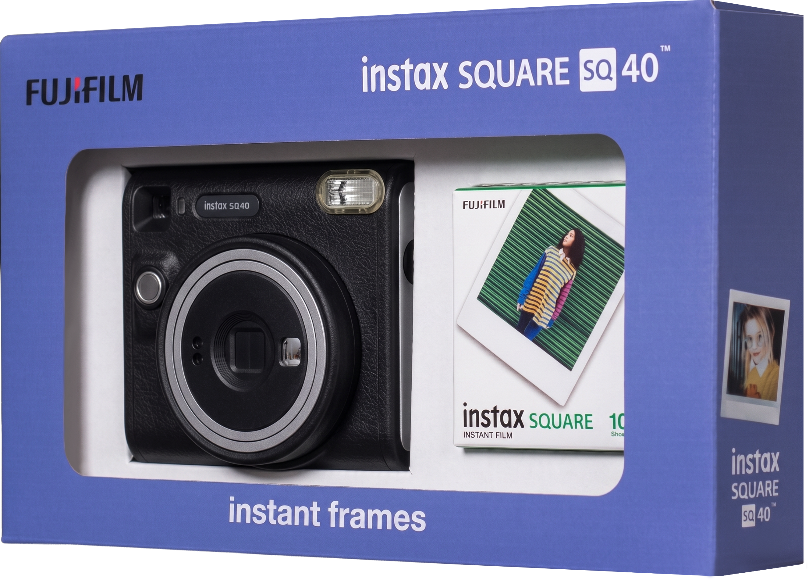 Mavi kutu içinde siyah bir Fujifilm Instax Square SQ40 anlık kamera ve film kutusu.