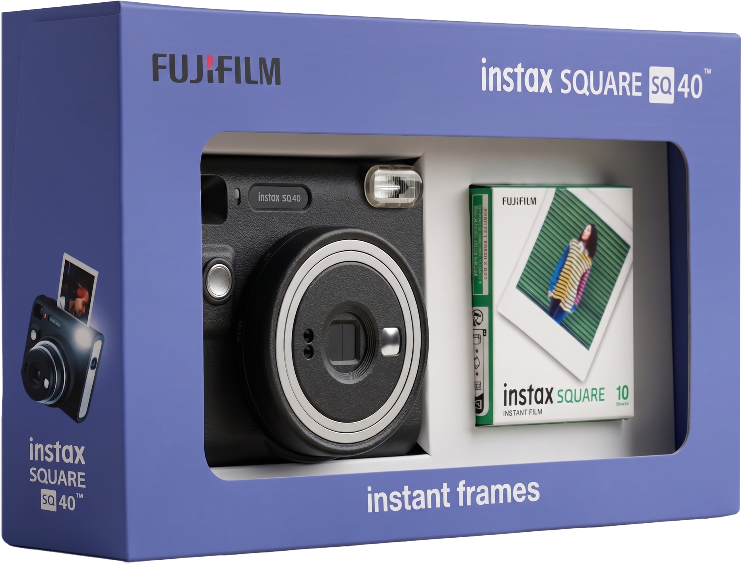 Siyah anında çekim kamera ve film paketi içeren mavi Fujifilm instax SQUARE SQ40 kutusu.