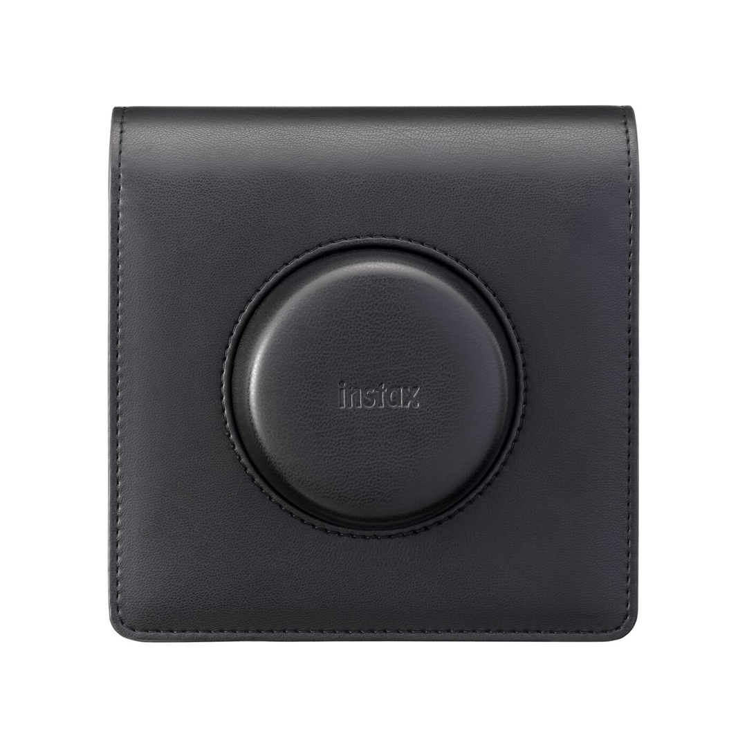 Yuvarlak lens kapaklı ve kabartmalı logolu Instax kamera için siyah deri kılıf.