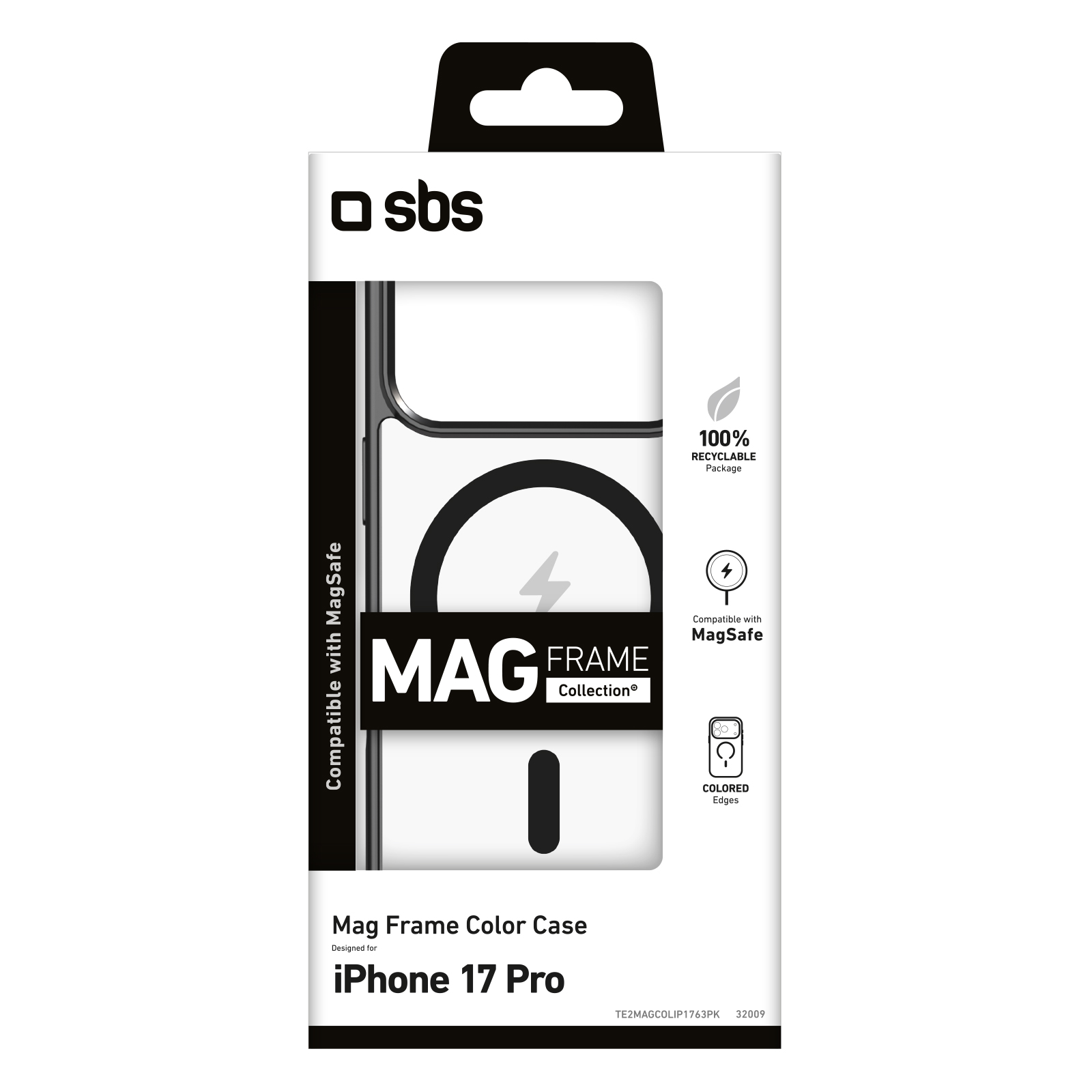 Fehér-fekete termékdoboz az iPhone 17 Pro-hoz való SBS Mag Frame Color Case tokhoz, MagSafe ikonokkal.