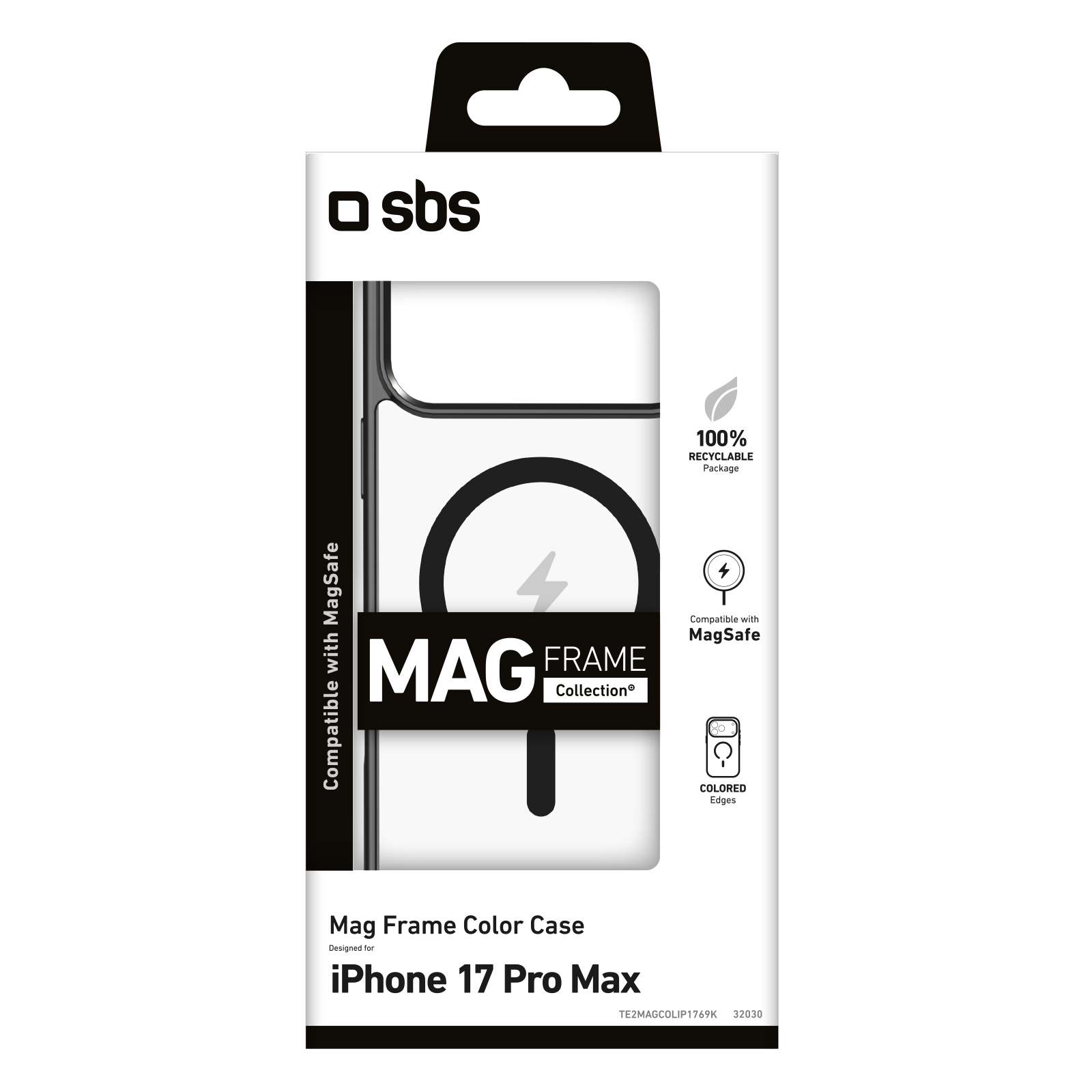 Fehér és fekete SBS Mag Frame Color Case csomagolás iPhone 17 Pro Max-hoz MagSafe kompatibilitási ikonokkal.