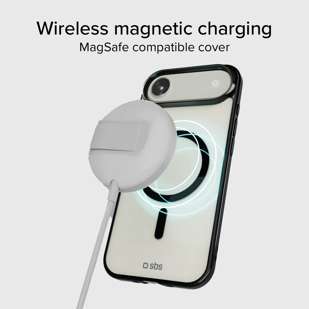 Egy MagSafe tokos okostelefont vezeték nélkül töltenek egy kerek mágneses töltővel.