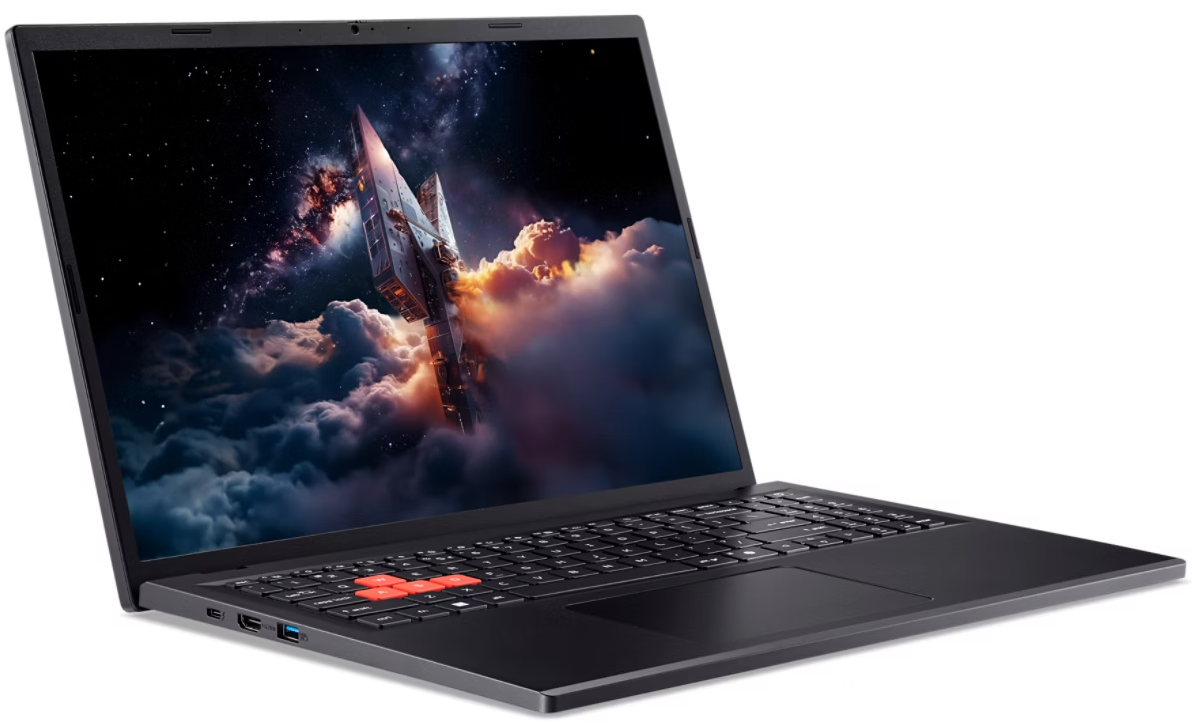 Egy fekete laptop űrtémájú háttérképpel, a képernyőjén egy űrhajó grafikájával.