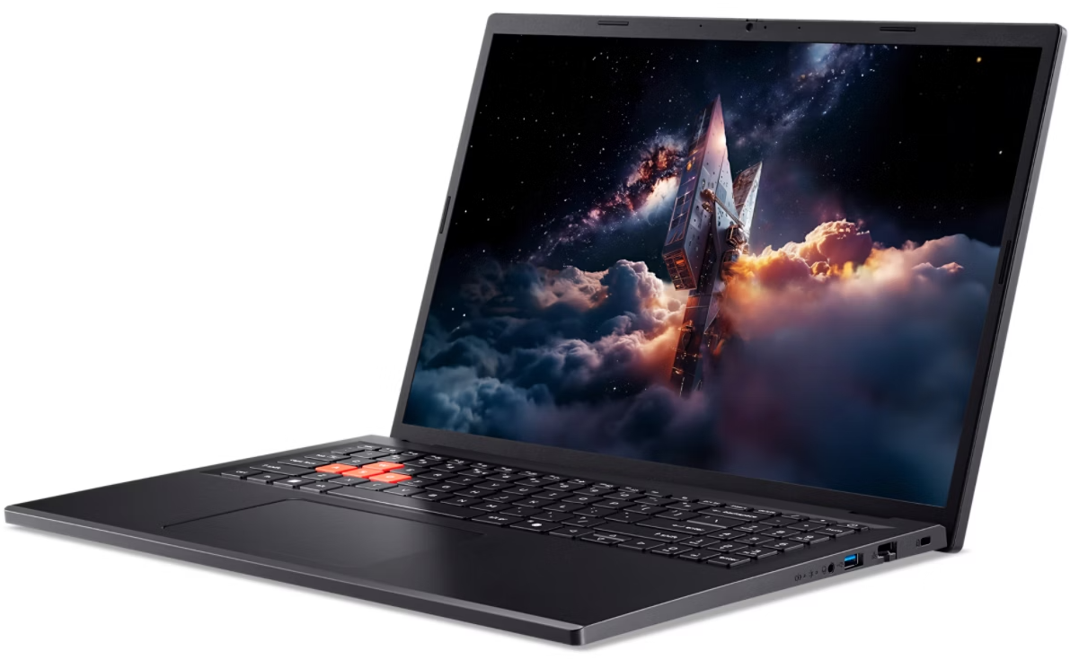 Fekete laptop színes űrháttérrel és narancssárga kiemelt billentyűkkel.