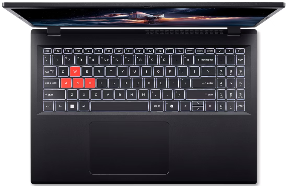 Felnézet egy fekete laptopról, fehér háttérvilágítású billentyűzettel, piros WASD gombokkal és érintőpaddal.