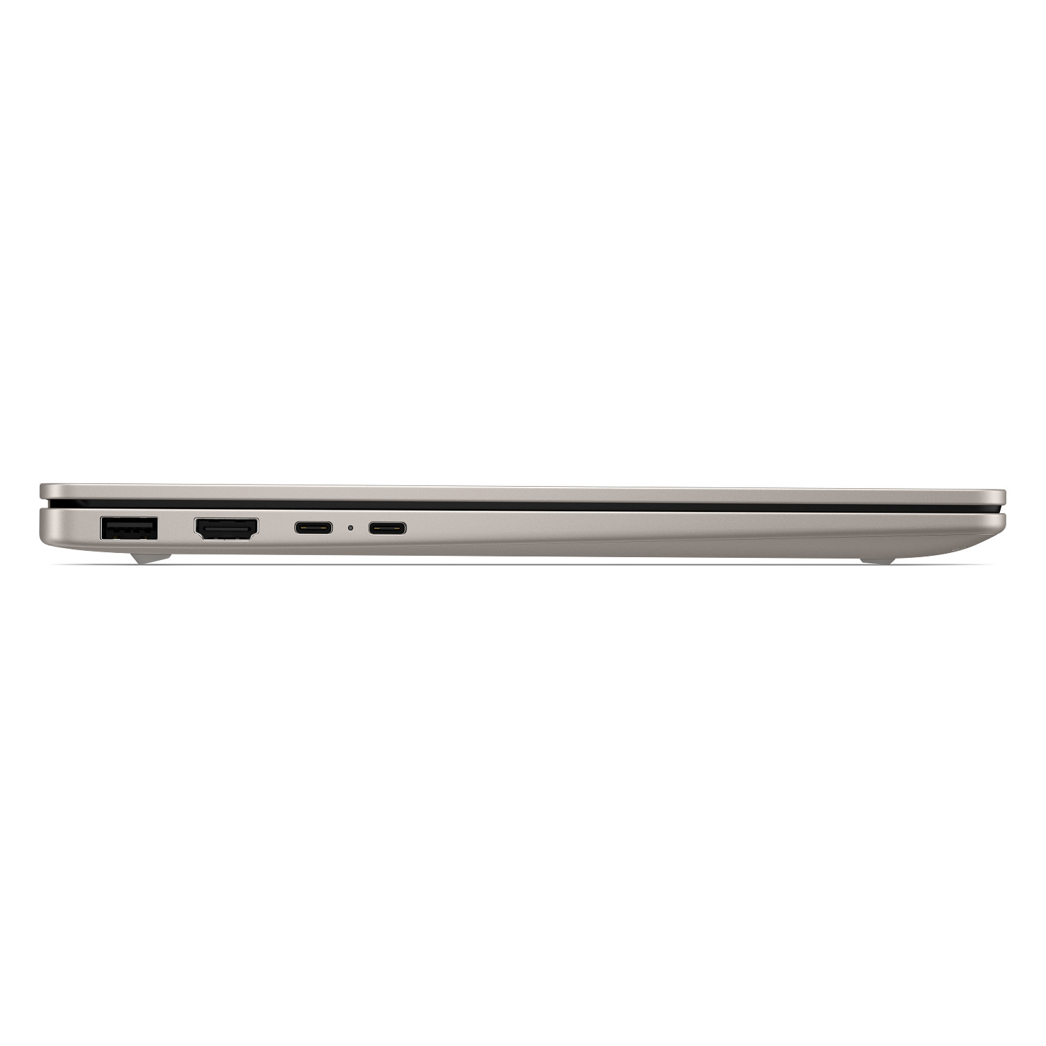 Lado izquierdo de un portátil plateado con puertos USB, HDMI y USB-C sobre fondo blanco.