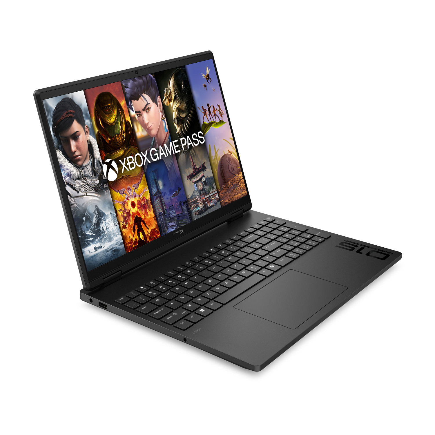 Un ordenador portátil negro muestra Xbox Game Pass y varios juegos en su pantalla.