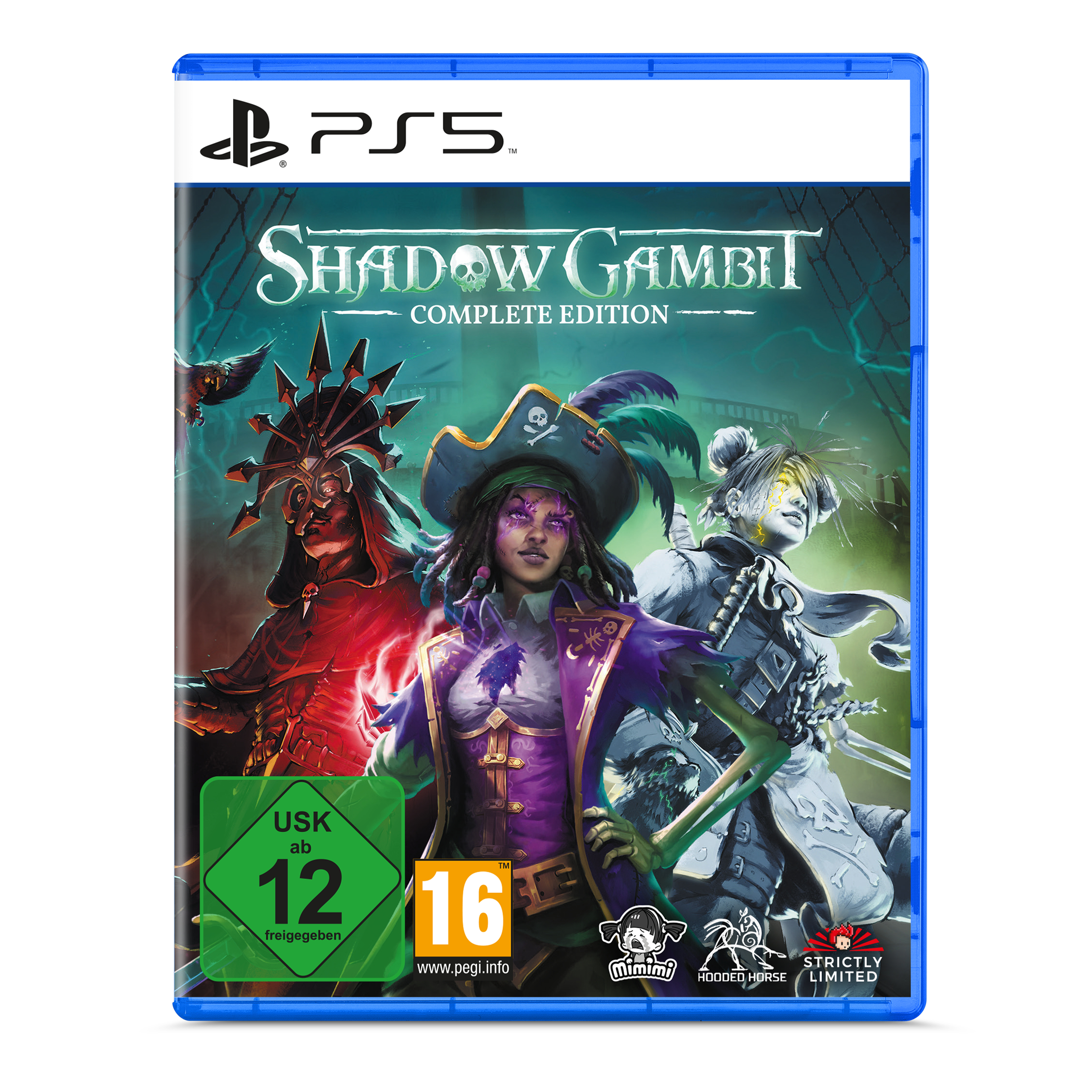 PS5-Spielhülle für Shadow Gambit Complete Edition mit drei Fantasie-Piratenfiguren.