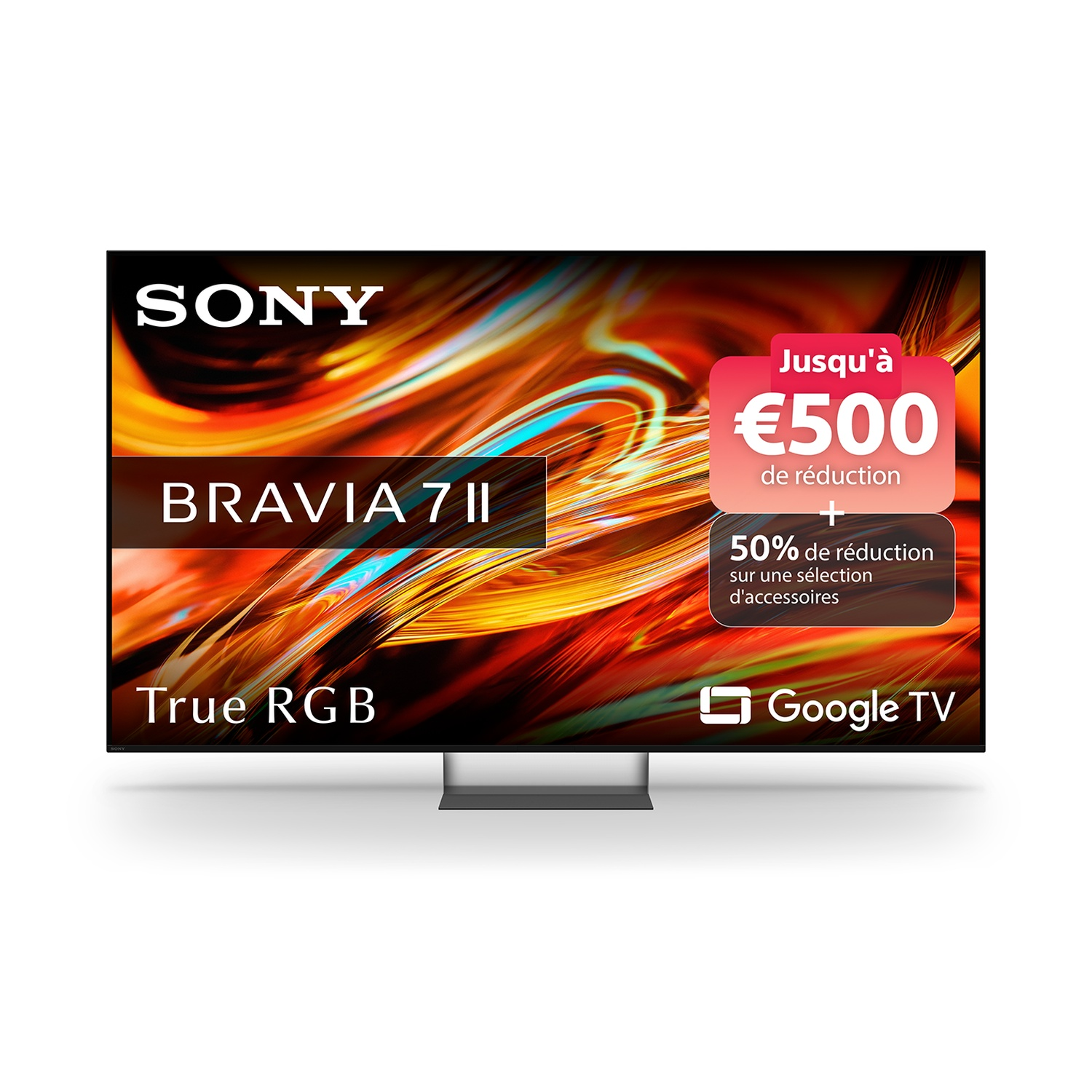 Un téléviseur Sony Bravia 7 II Google TV affichant une offre promotionnelle de 500 euros de réduction.