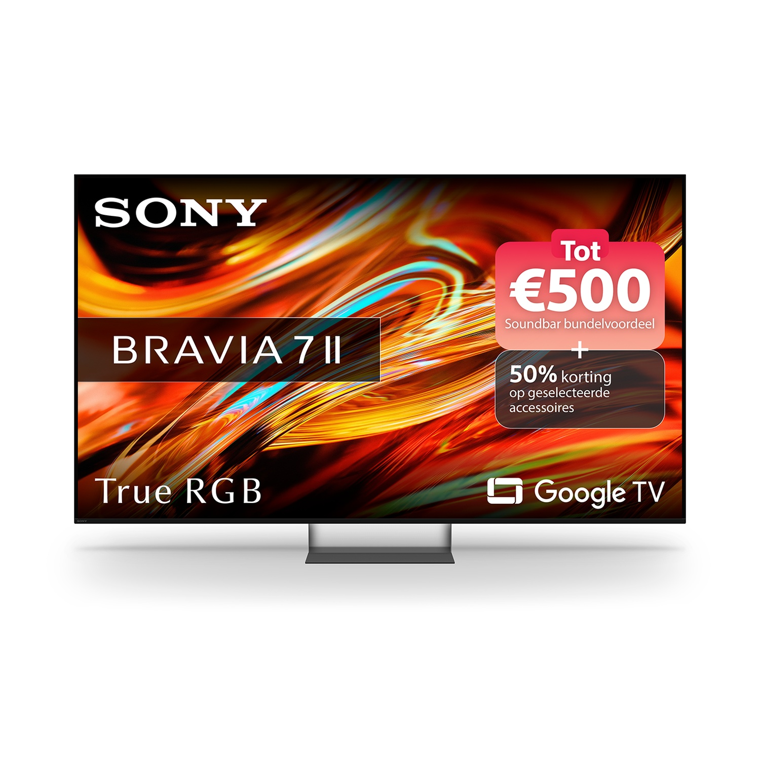 Sony Bravia 7 II TV featuring a colorful display and a promotional banner for discounts on the right.