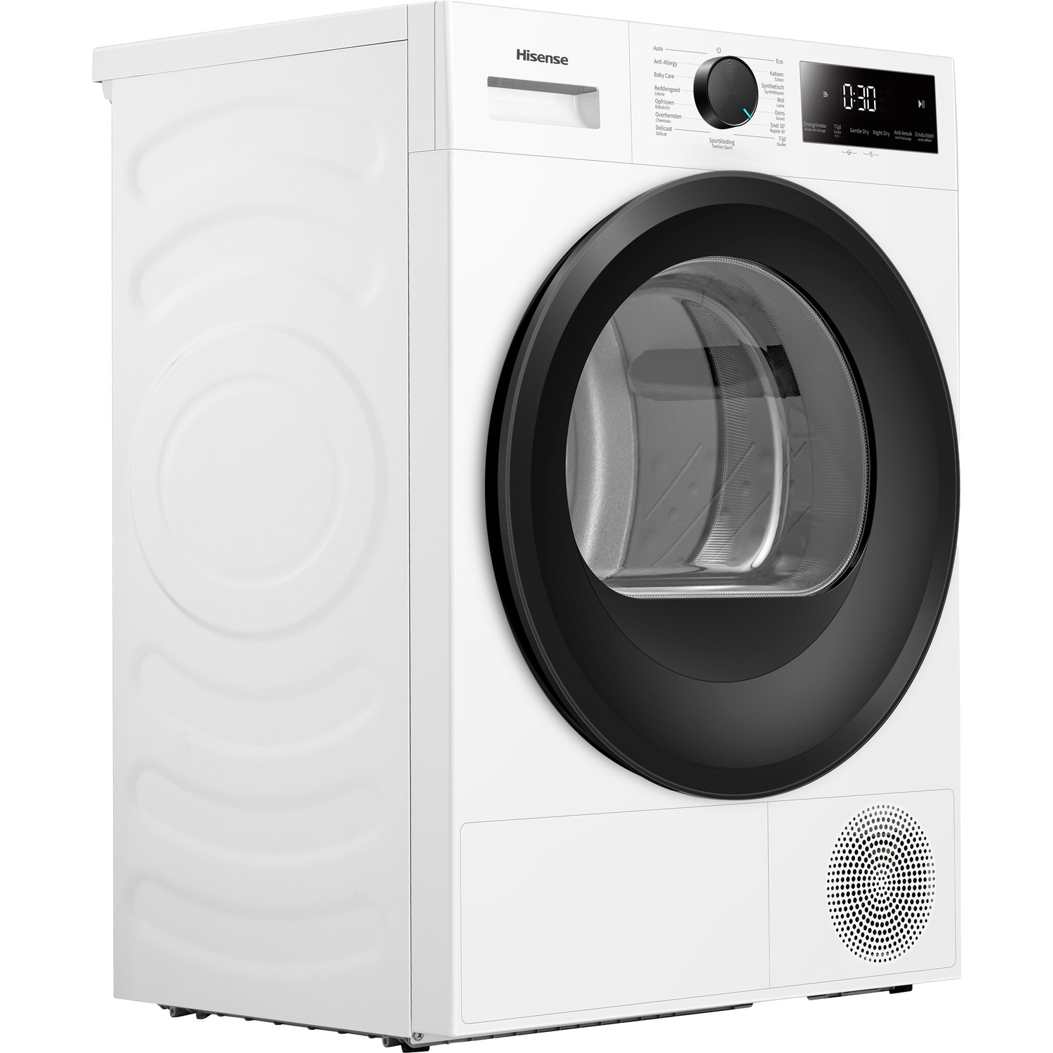 Een witte Hisense droogautomaat met zwarte glazen deur en digitaal display tegen een witte achtergrond.