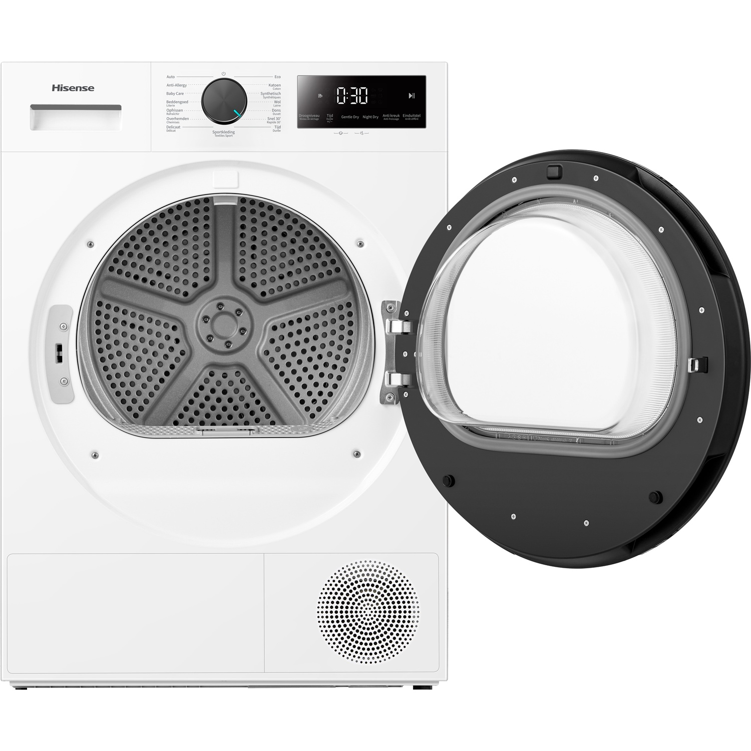 Een witte Hisense droger met een open zwarte deur toont de binnentrommel.