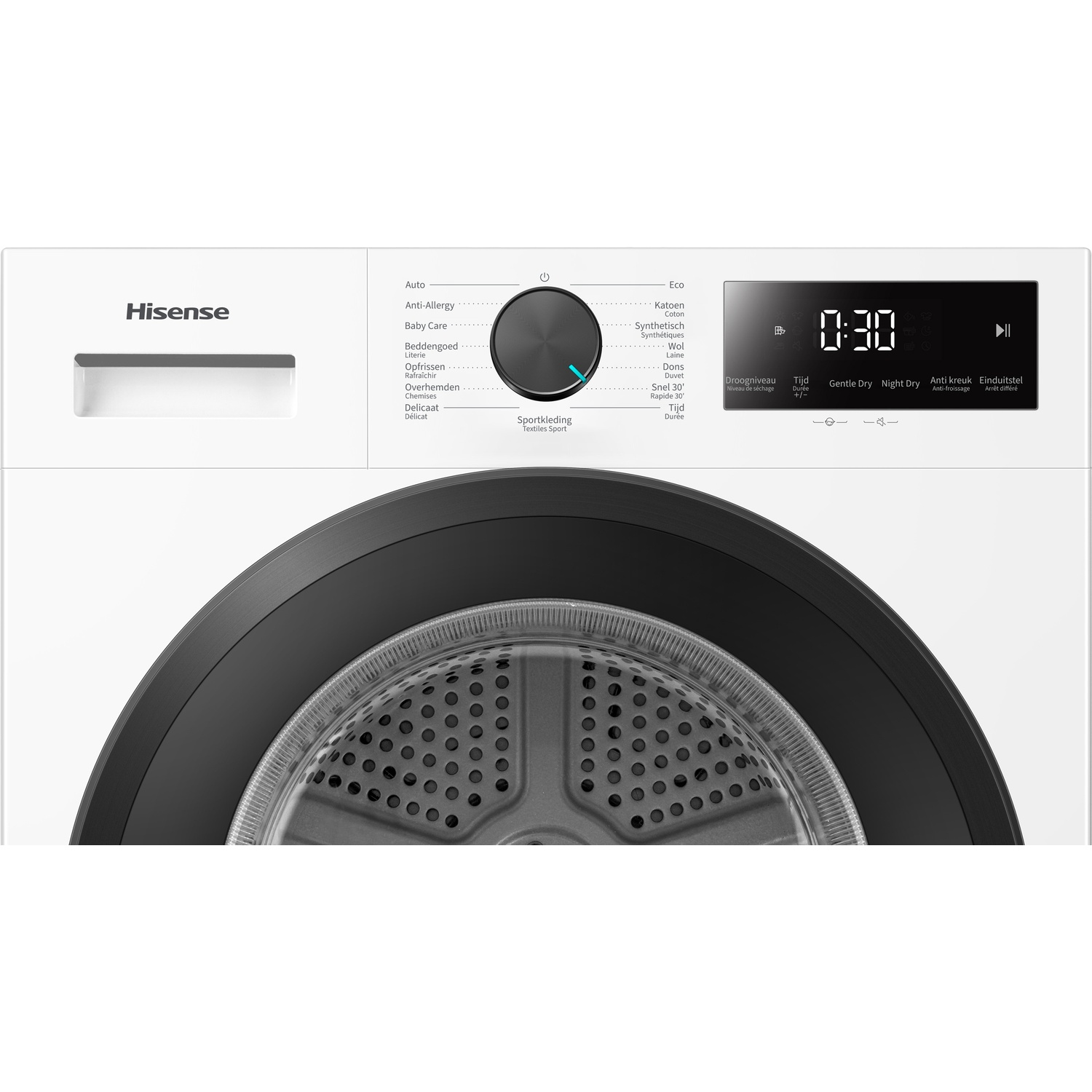 Witte Hisense droogkast met draaiknop, digitaal display en zwarte patrijspoortdeur.