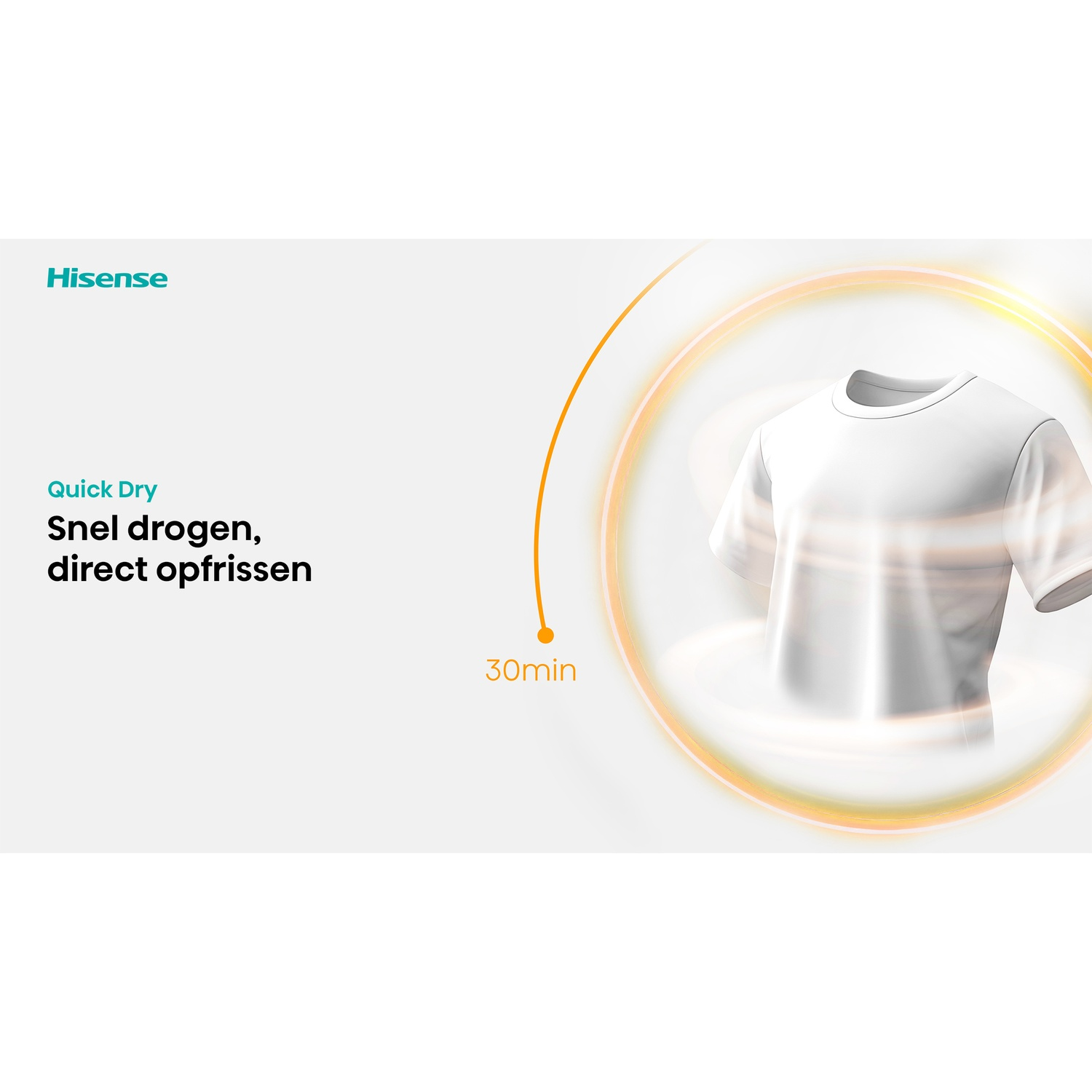 Een wit T-shirt omringd door wervelende luchtringen, ter promotie van een Hisense snelvoudige droogfunctie van 30 minuten.