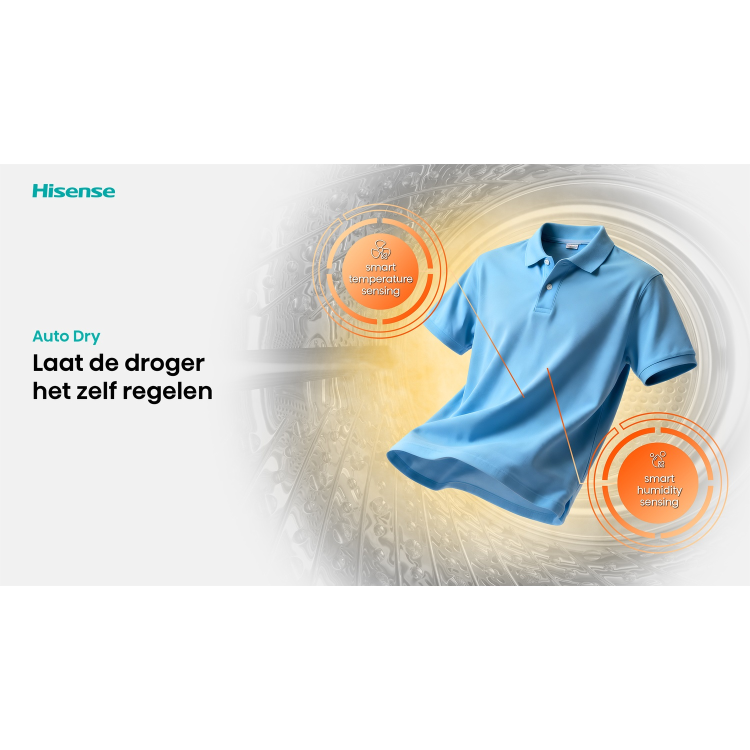 Een lichtblauwe polo zweeft in een droogtrommel, met oranje iconen voor slimme temperatuur- en vochtigheidsmeting.
