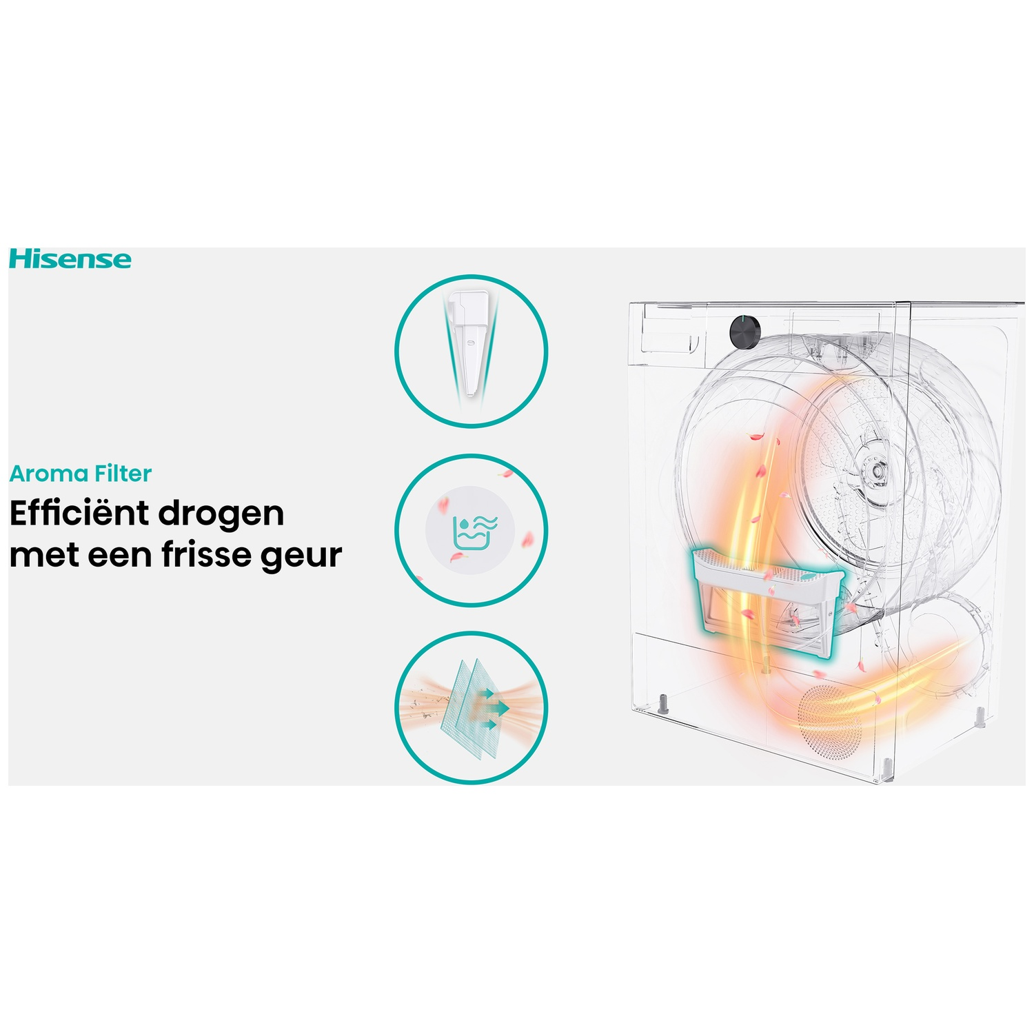Hisense droger met aromafilter toont efficiënt drogen met frisse geur door een transparante behuizing.