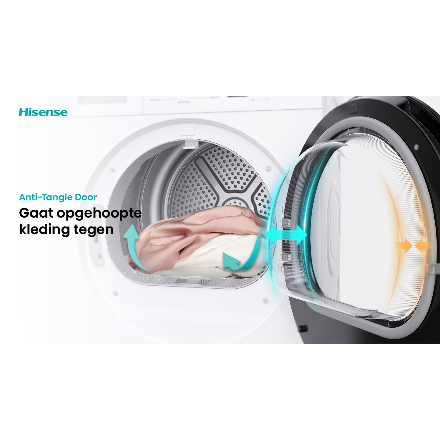 Hisense droger met open deur, kleding binnenin en luchtstroompijlen.