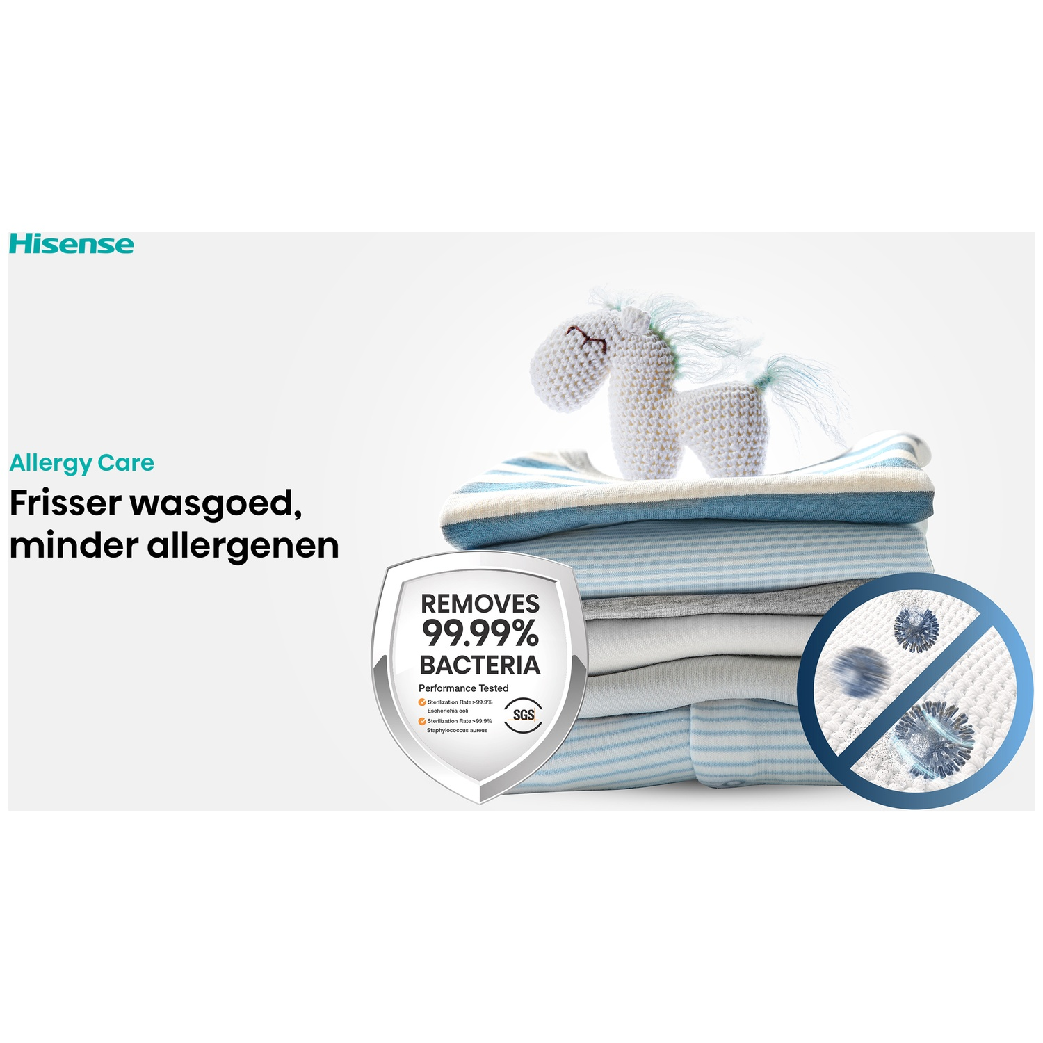 Hisense Allergy Care reclame met een gebreide eenhoorn op een stapel schone was.