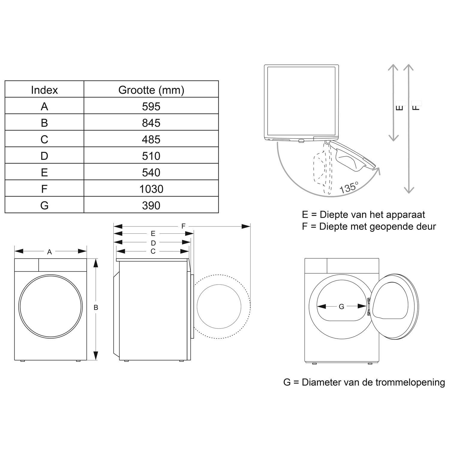 Technische tekening met afmetingen van een droger, inclusief voor-, zijaanzicht en maattabel.