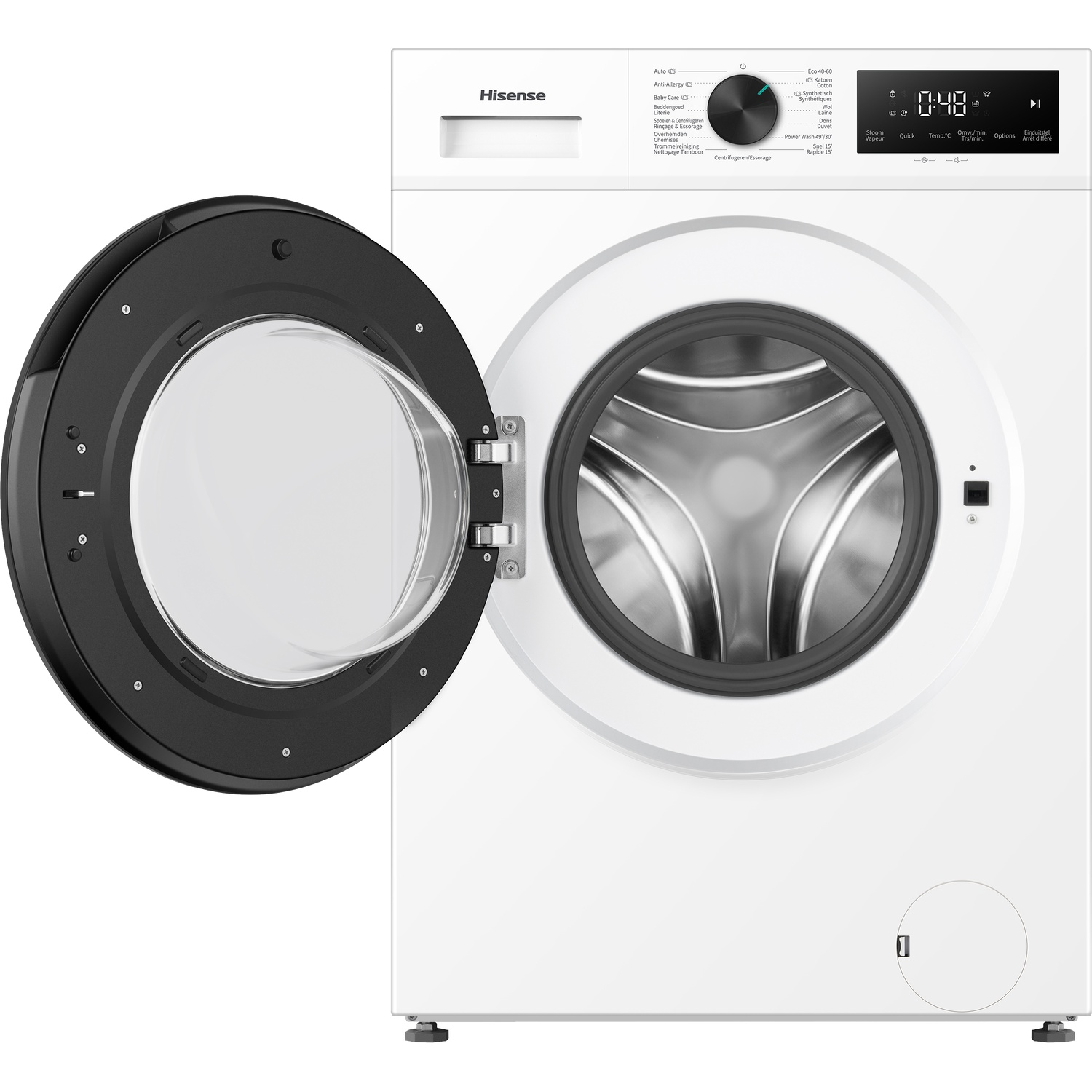 Witte Hisense wasmachine met open zwarte glazen deur, bedieningsknop en digitaal display.