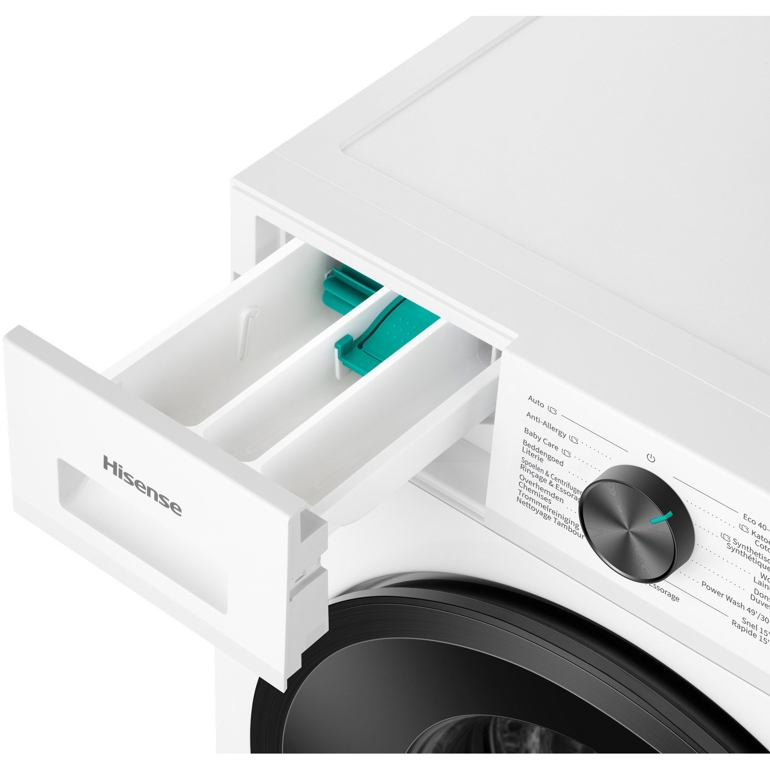 Open zeepbakje van een witte Hisense wasmachine met turquoise inzetstukken.