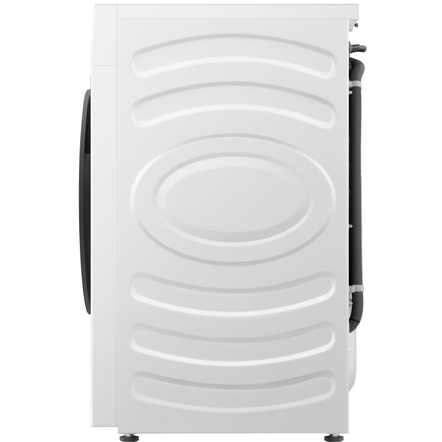 Zijaanzicht van een witte wasmachine met geribbelde panelen en afvoerslang.